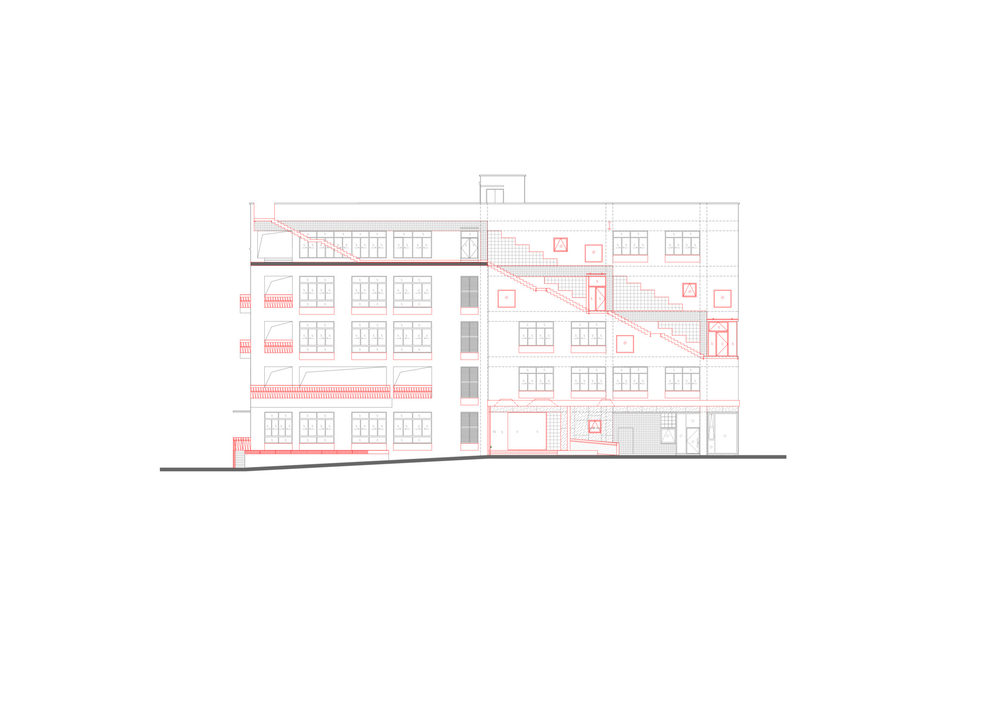 Elevation drawing showing the facade with repetitive window grid and sloped roofline additions
