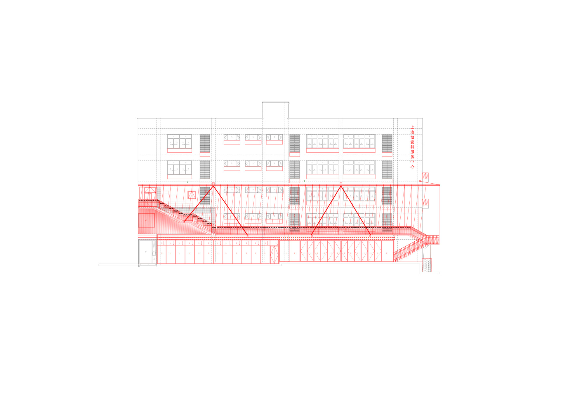 Elevation drawing showing a multi-story facade with red intervention overlays on lower levels