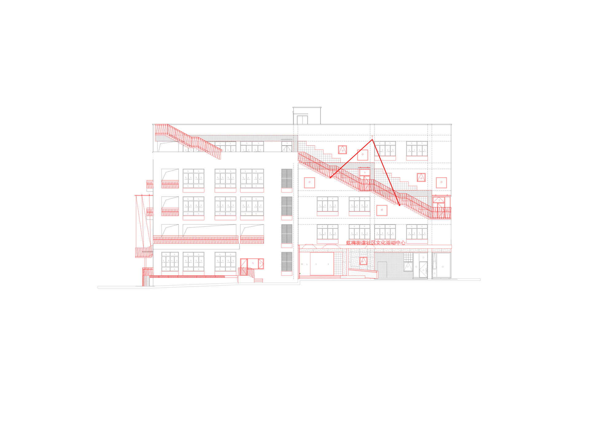 Elevation drawing depicting the building from the opposite side with diagonal red structural additions