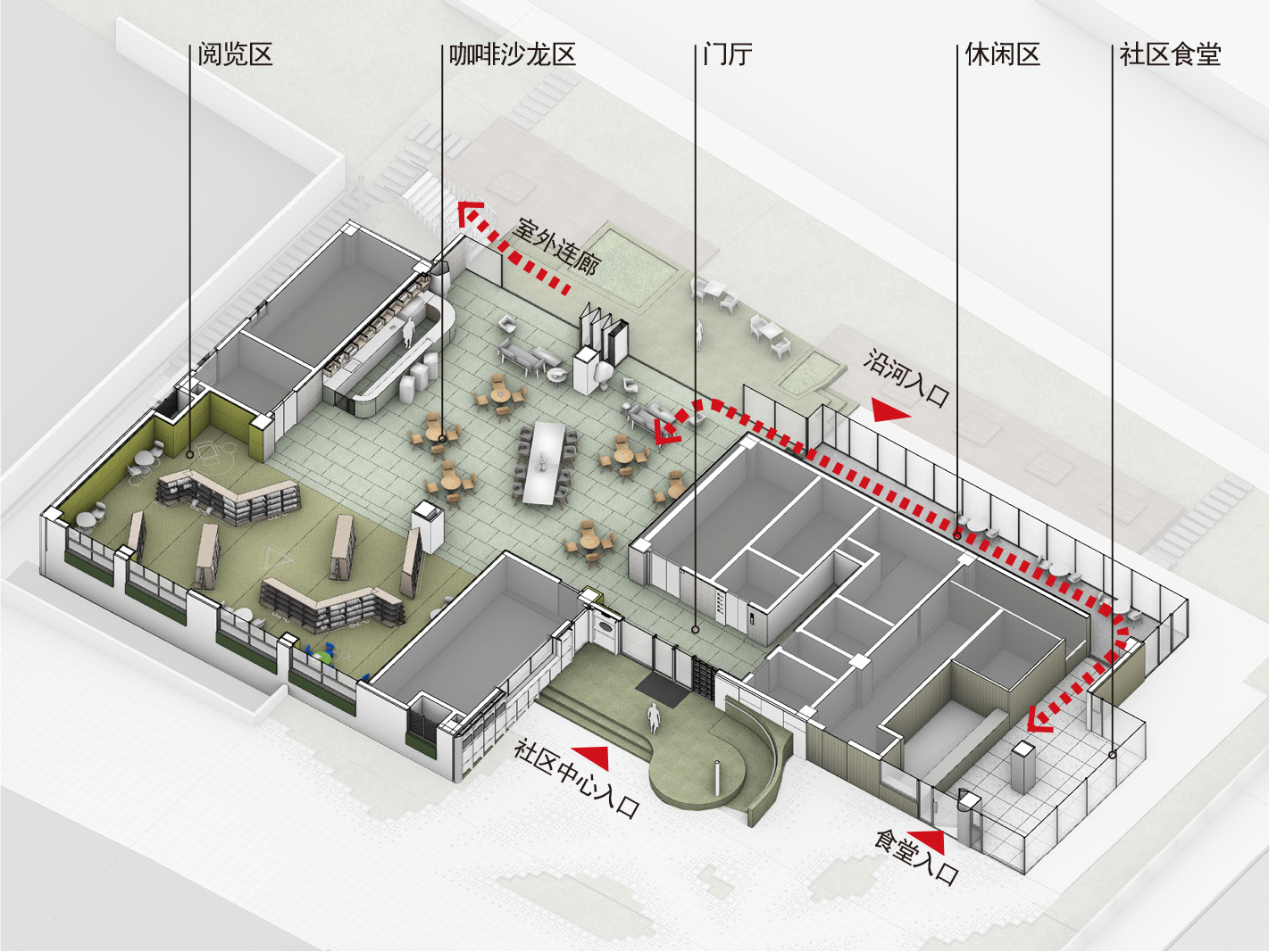Axonometric drawing of ground floor layout showing courtyards and circulation paths with labeled zones