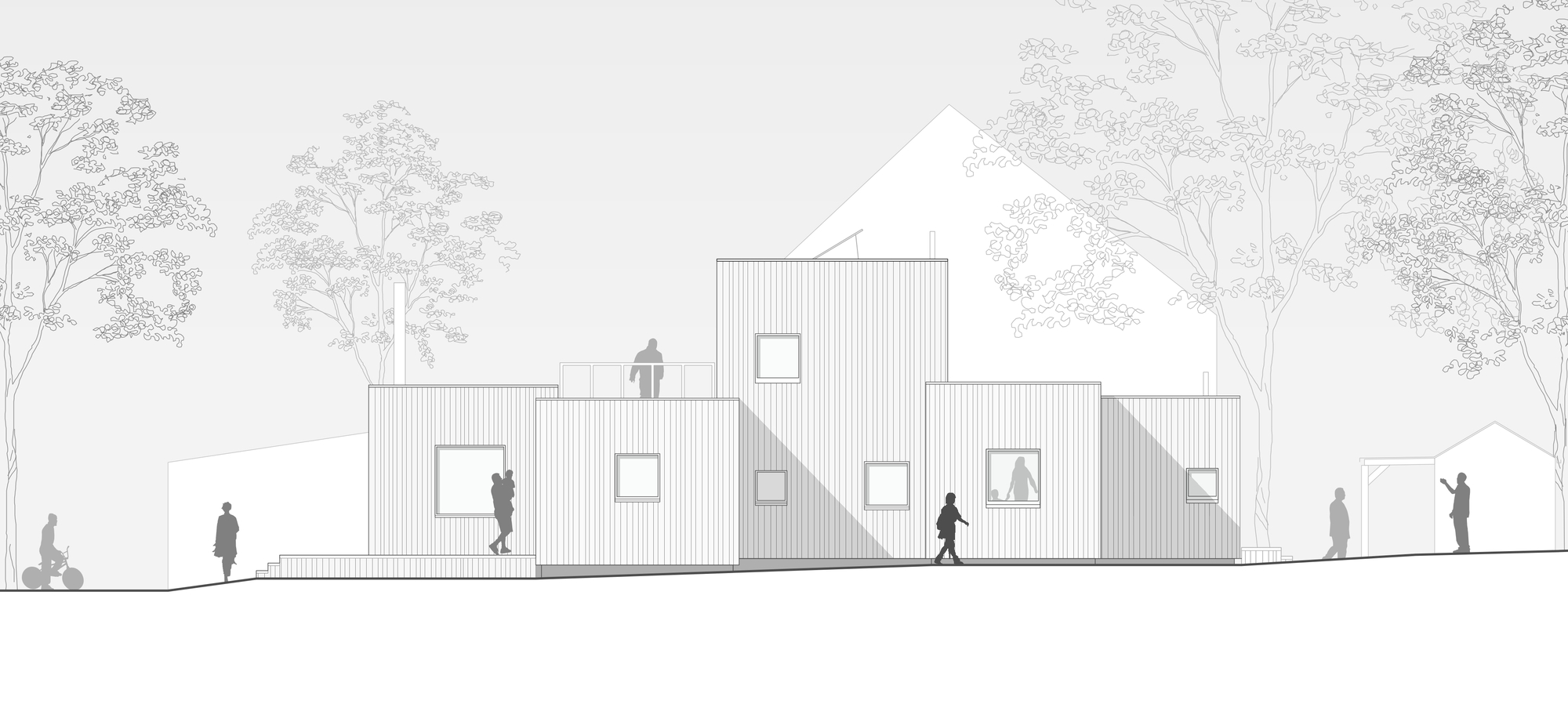 Elevation drawing of vertical timber-clad volumes with scattered windows and silhouetted figures