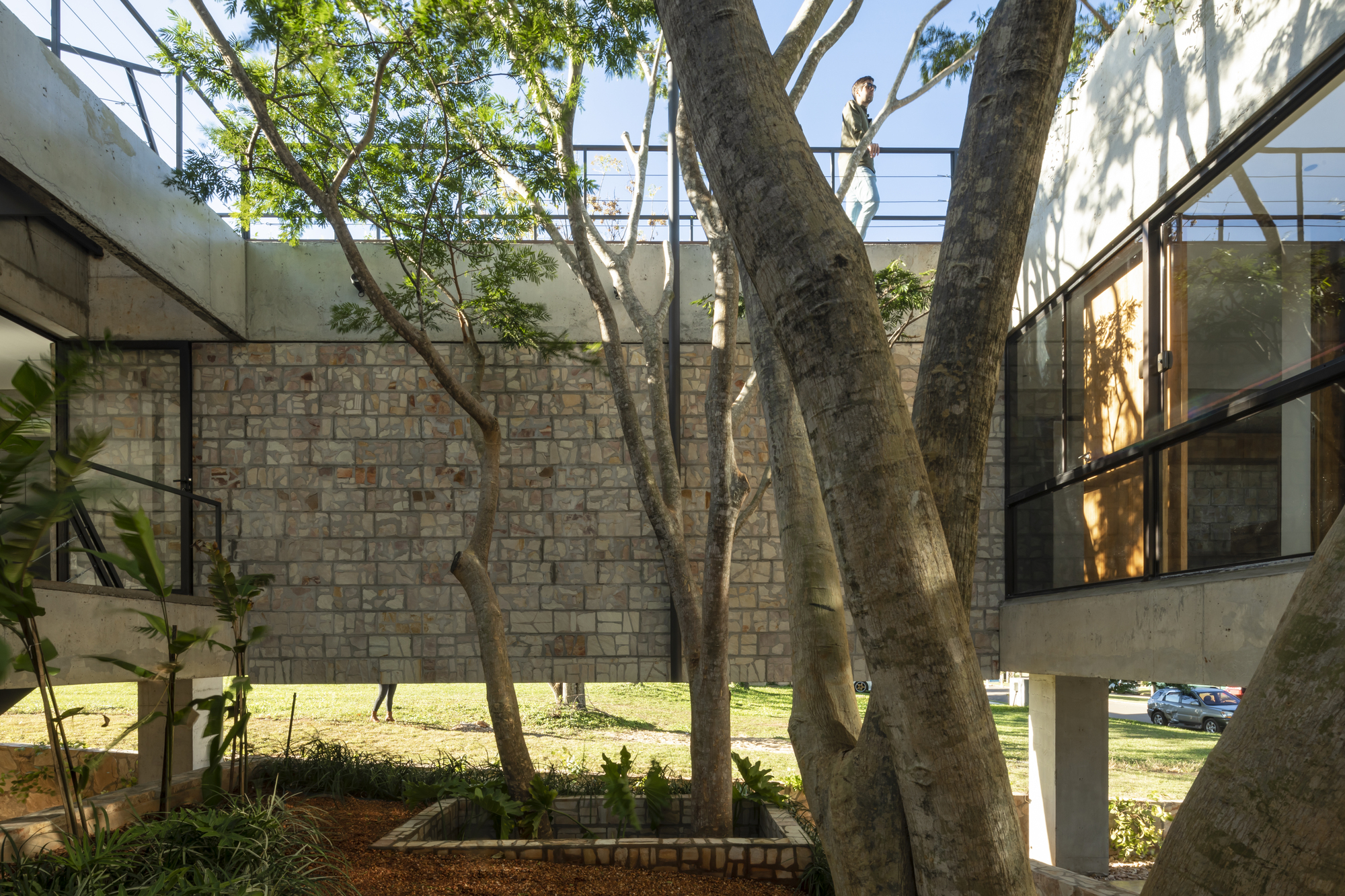 Interior courtyard with stone block wall, preserved trees, and planted beds beneath glass bridge
