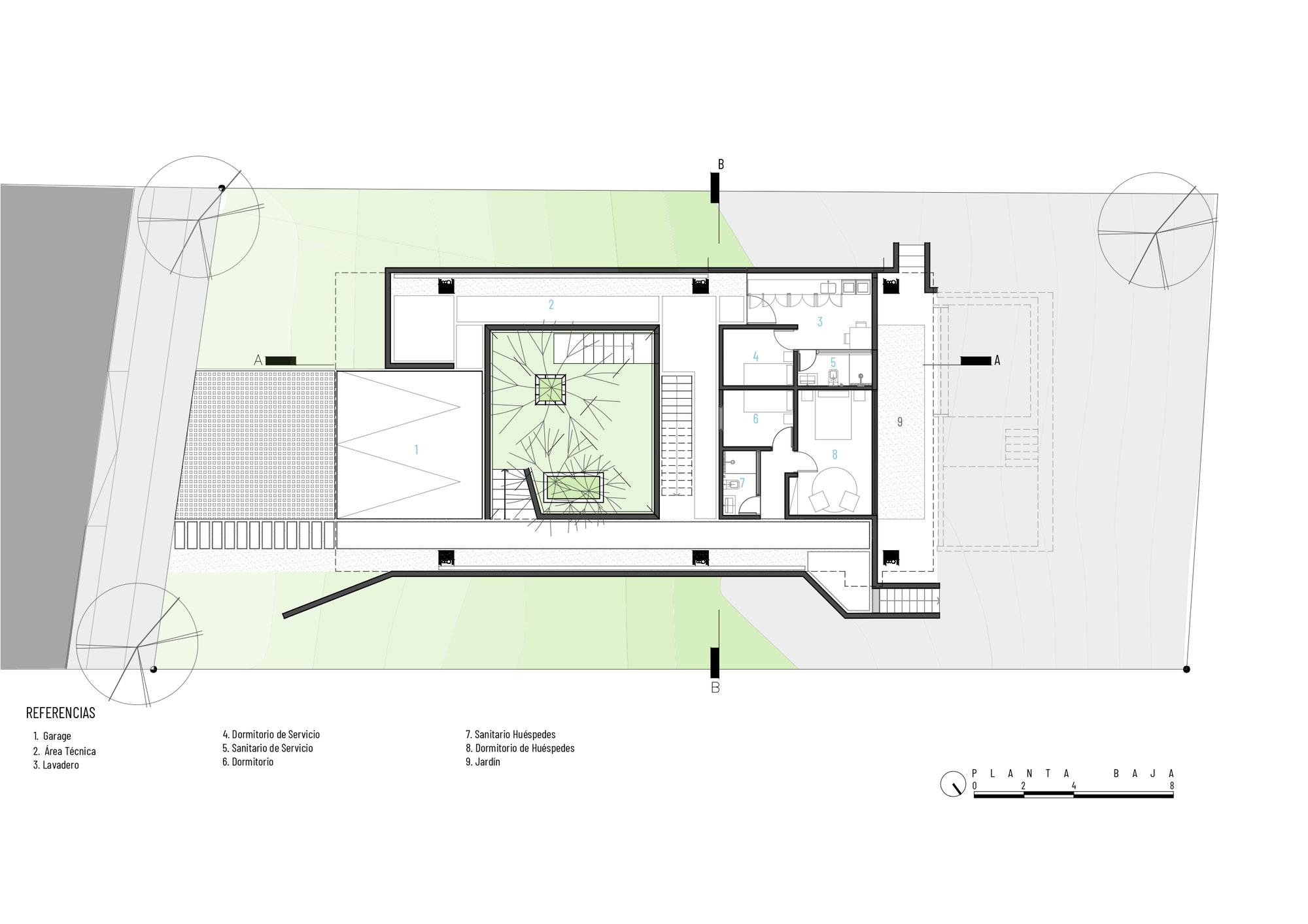 Floor plan drawing showing central stair void with surrounding rooms and outdoor terraces