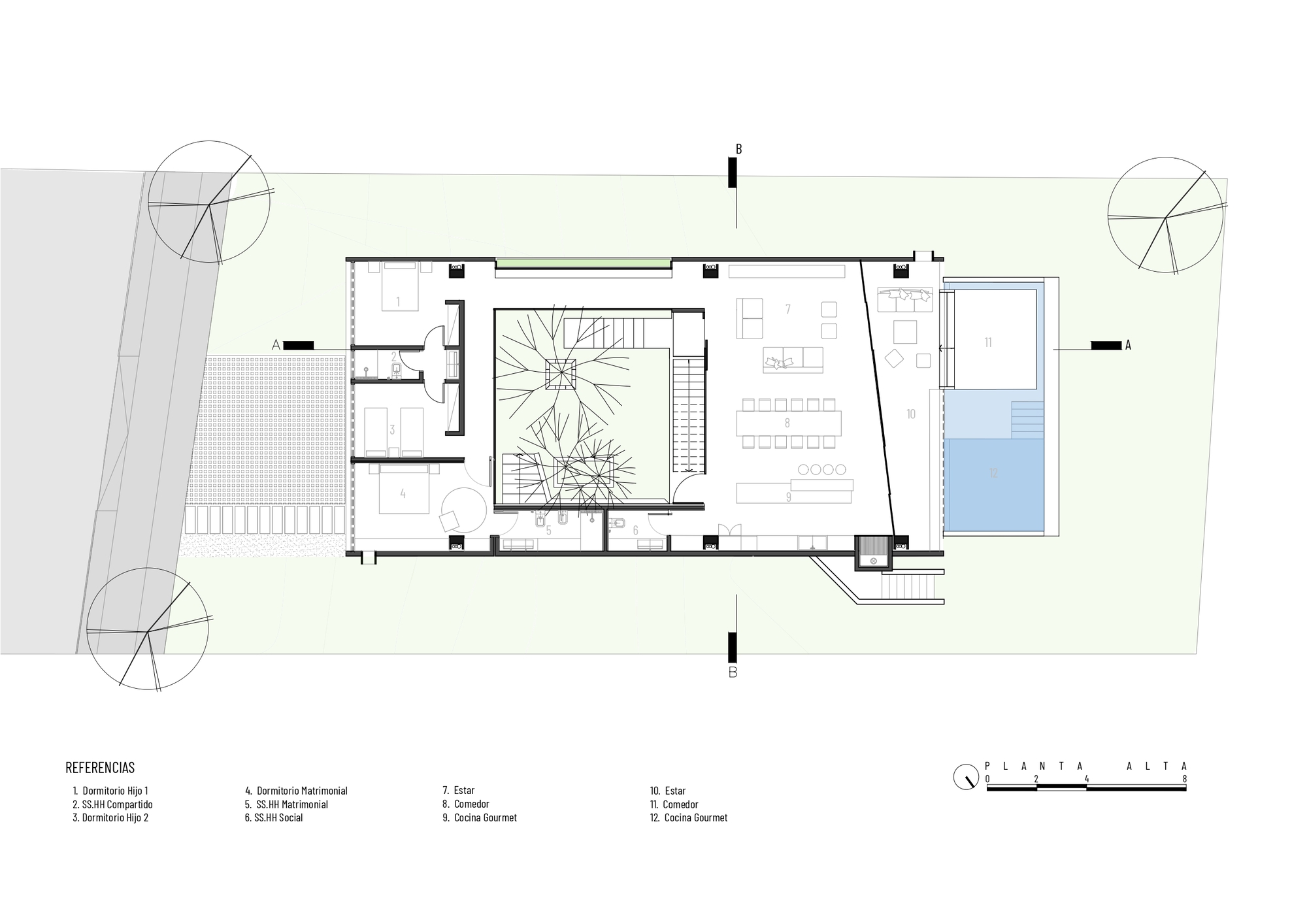 Floor plan drawing showing a central courtyard with spiral stair, dining area, and pool on the right