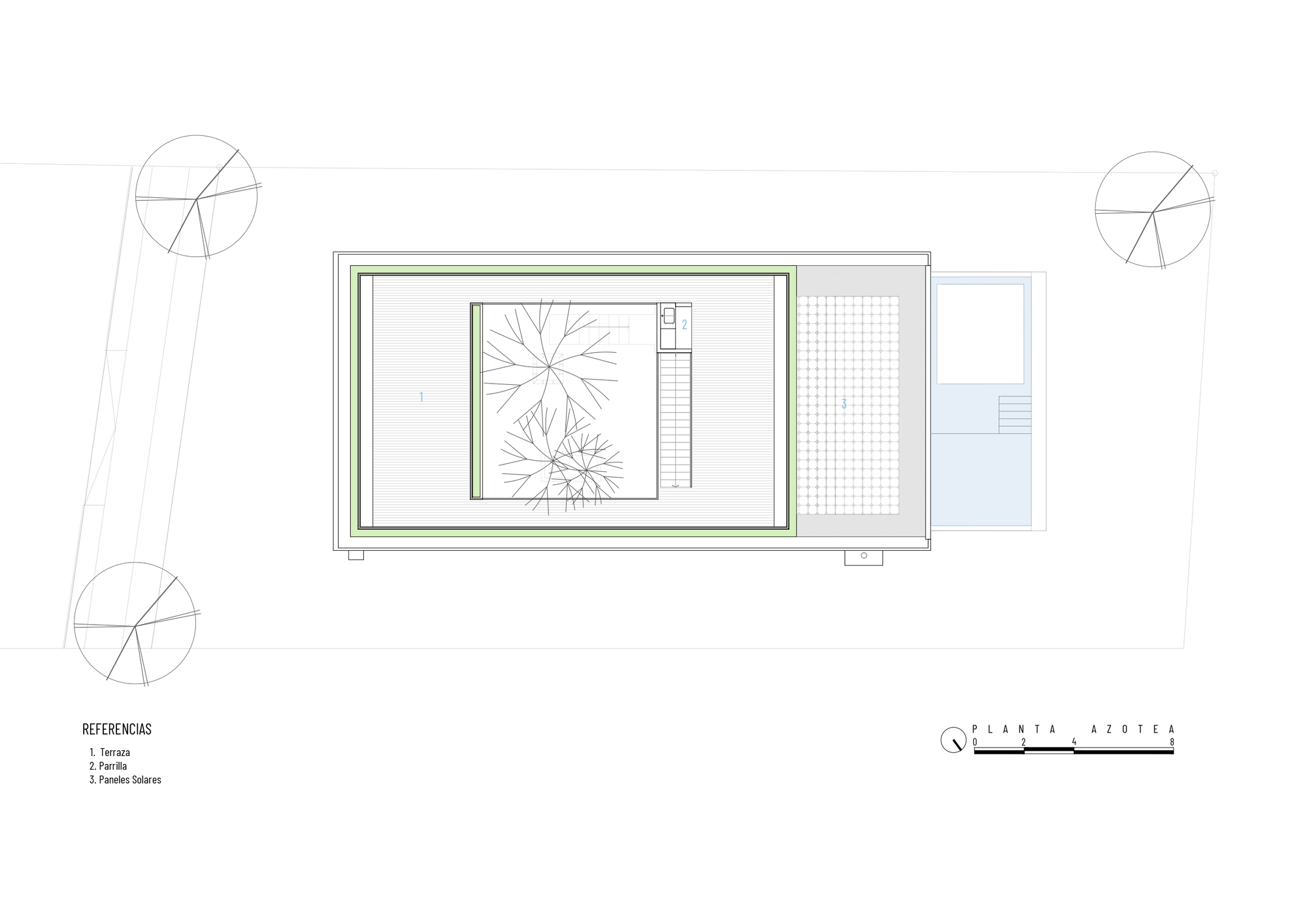 Roof plan drawing depicting a rectangular structure with central courtyard surrounded by perimeter walls and tree canopies