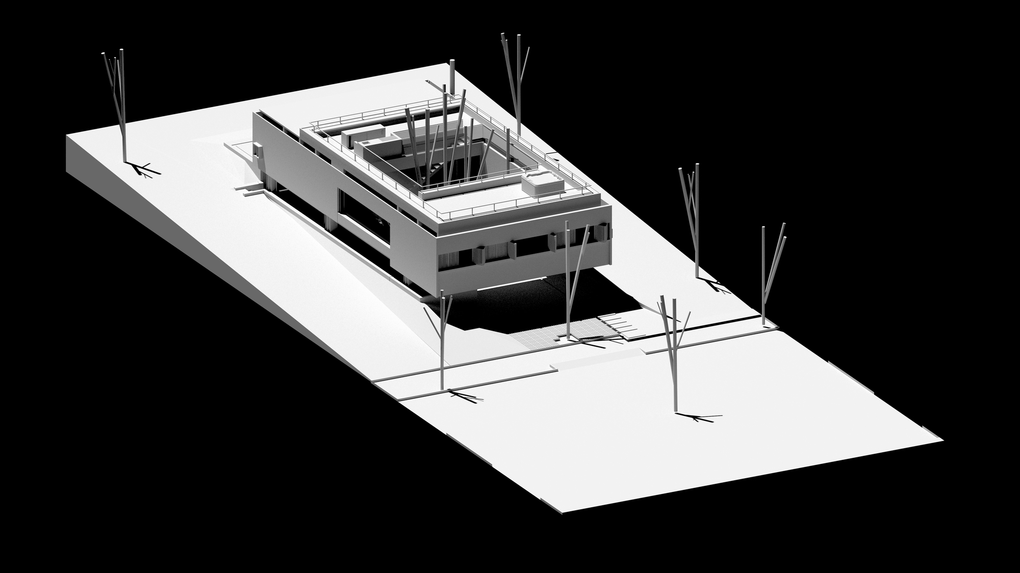 Axonometric drawing of two-story residence with central open courtyard and scattered trees on site