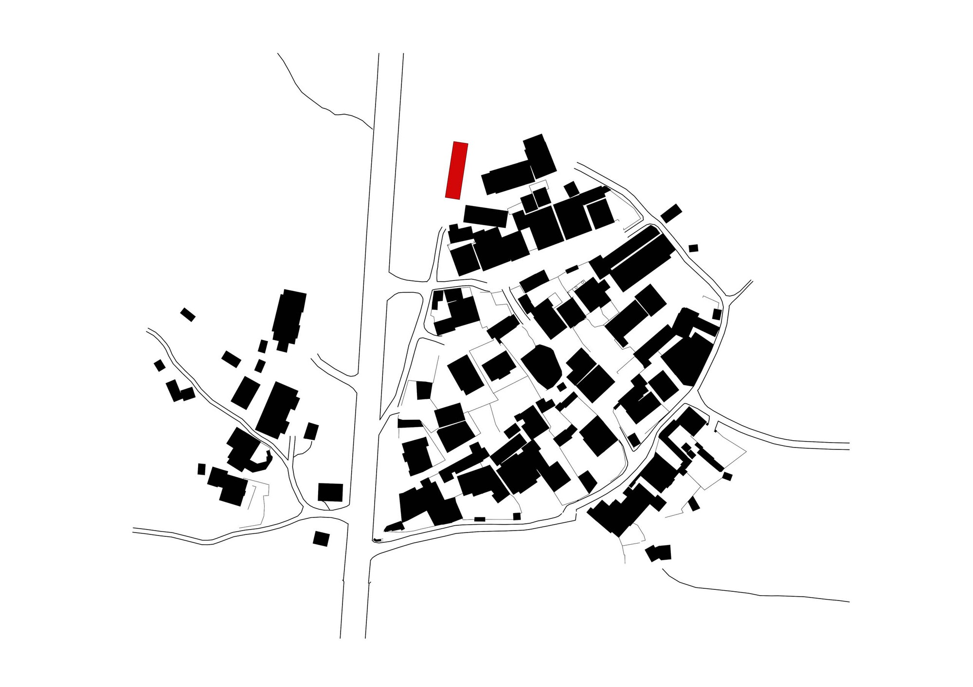 Site plan drawing showing building footprints in black with one highlighted in red