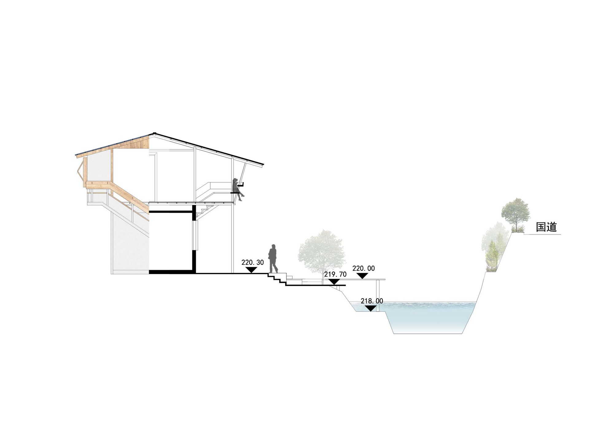 Section drawing showing the building relationship to a sloped terrain descending toward a water body with trees