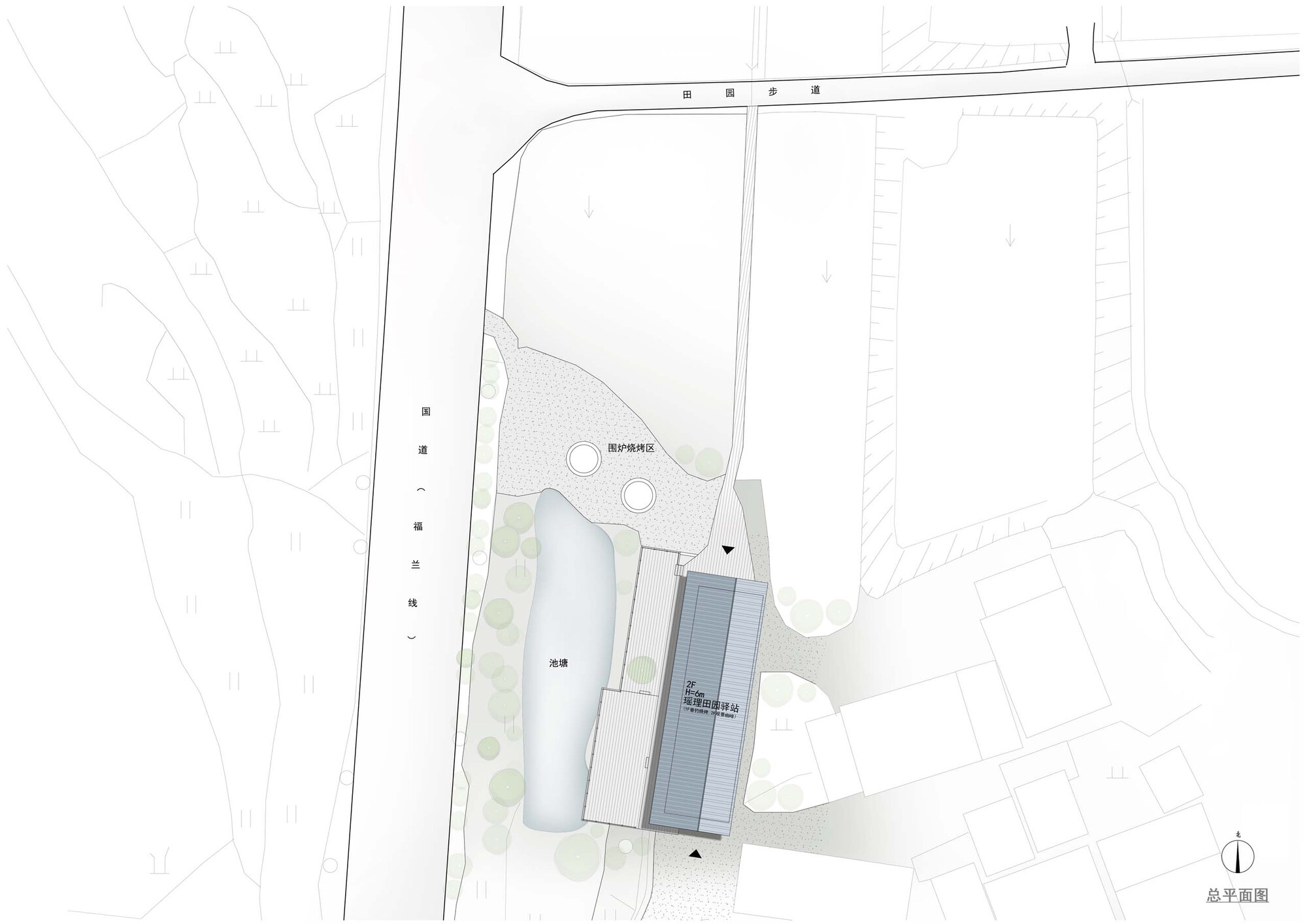 Site plan drawing showing building footprint with surrounding landscape contours and adjacent structures