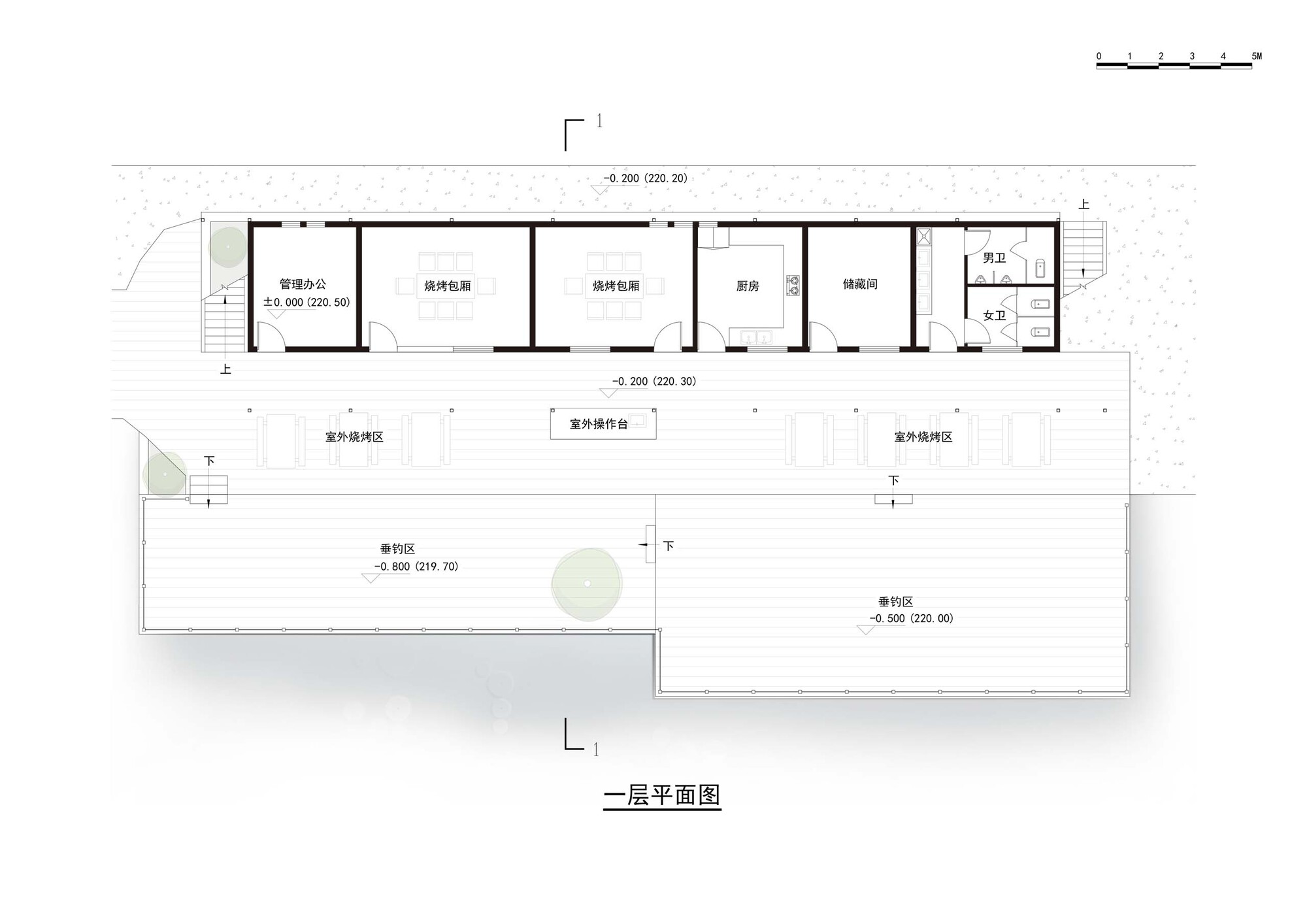 Second floor plan drawing showing linear arrangement of interior rooms with two exterior courtyard spaces