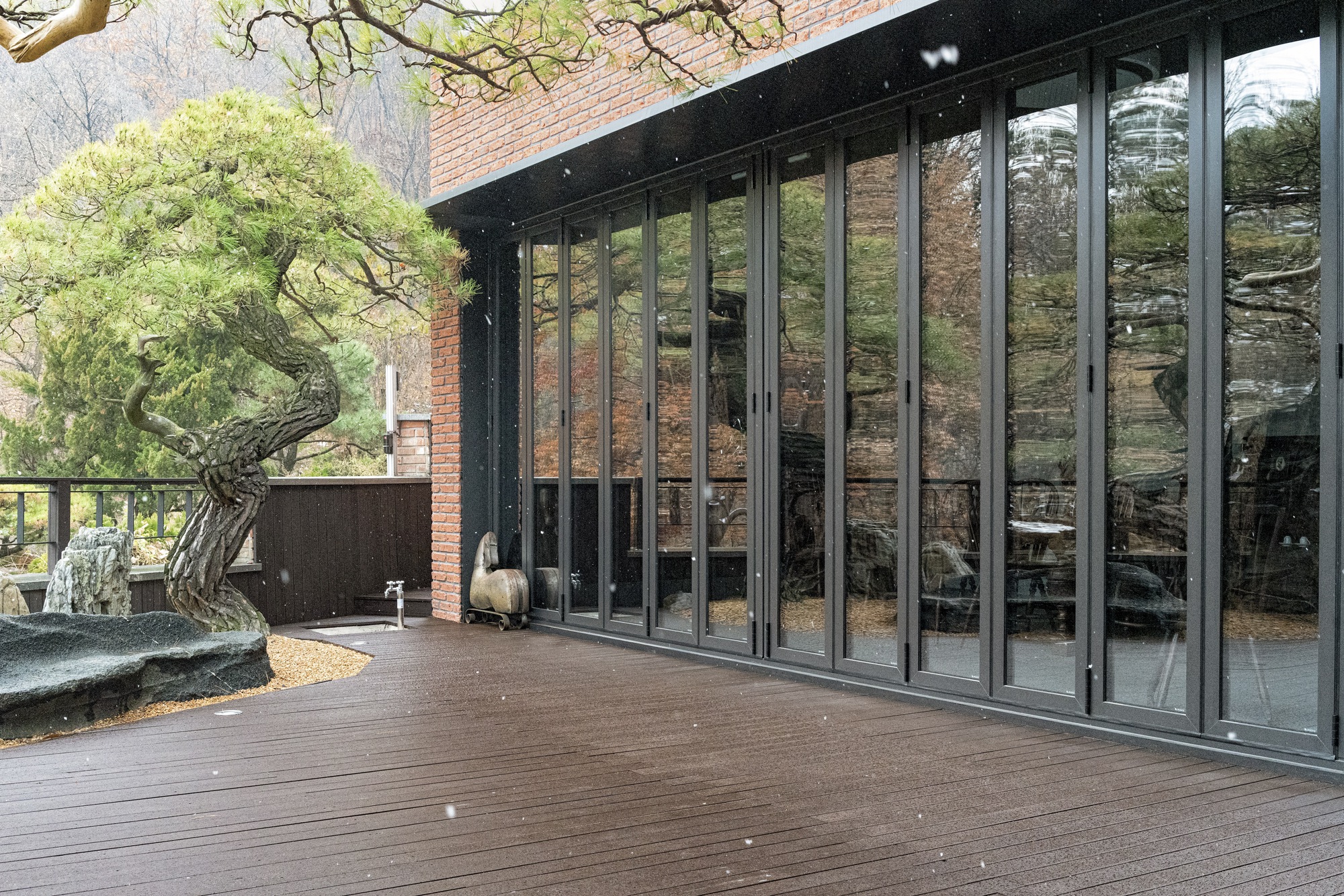 Timber deck with floor-to-ceiling glass doors beside a gnarled pine tree and stone sculpture
