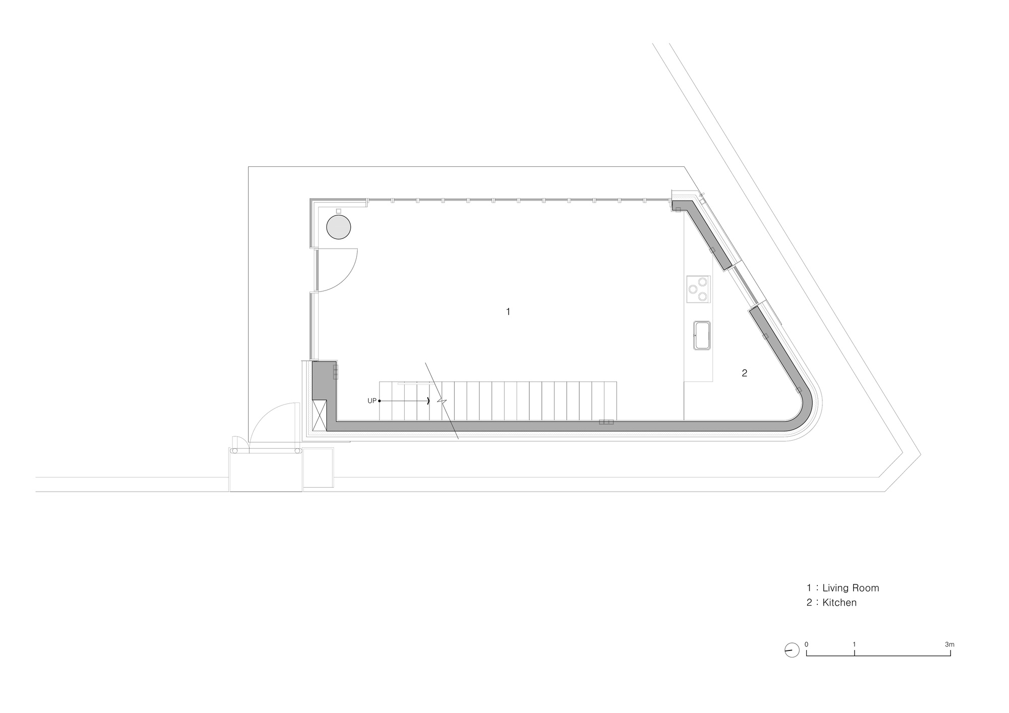 Ground floor plan drawing showing living room and kitchen within an angled trapezoidal footprint