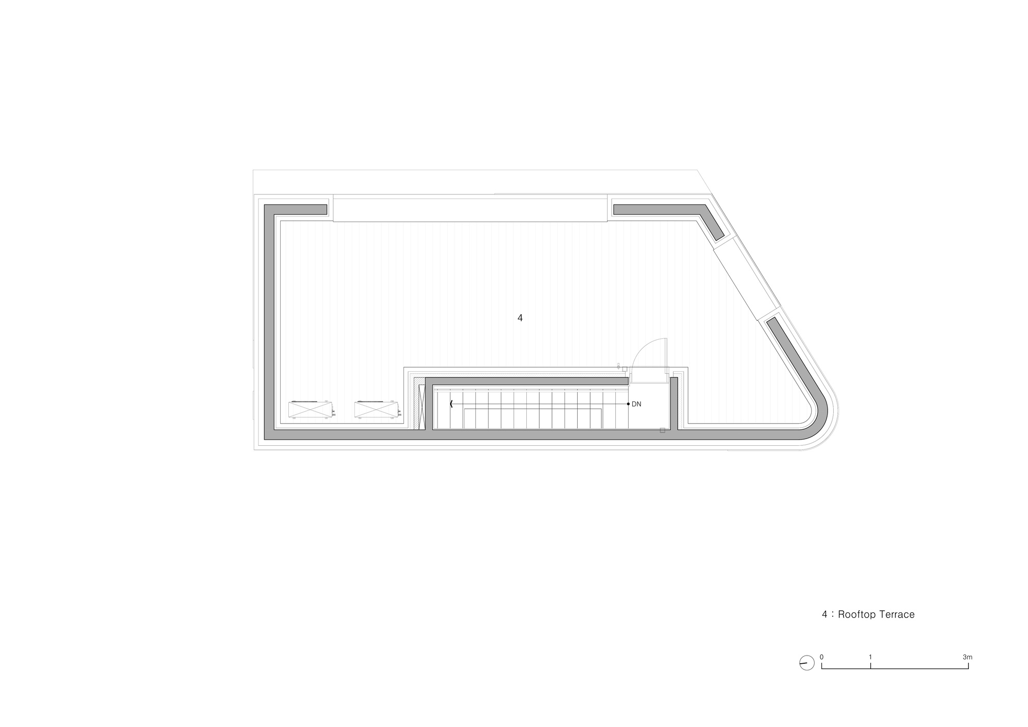 Rooftop terrace plan drawing showing an open deck with stair access and perimeter walls