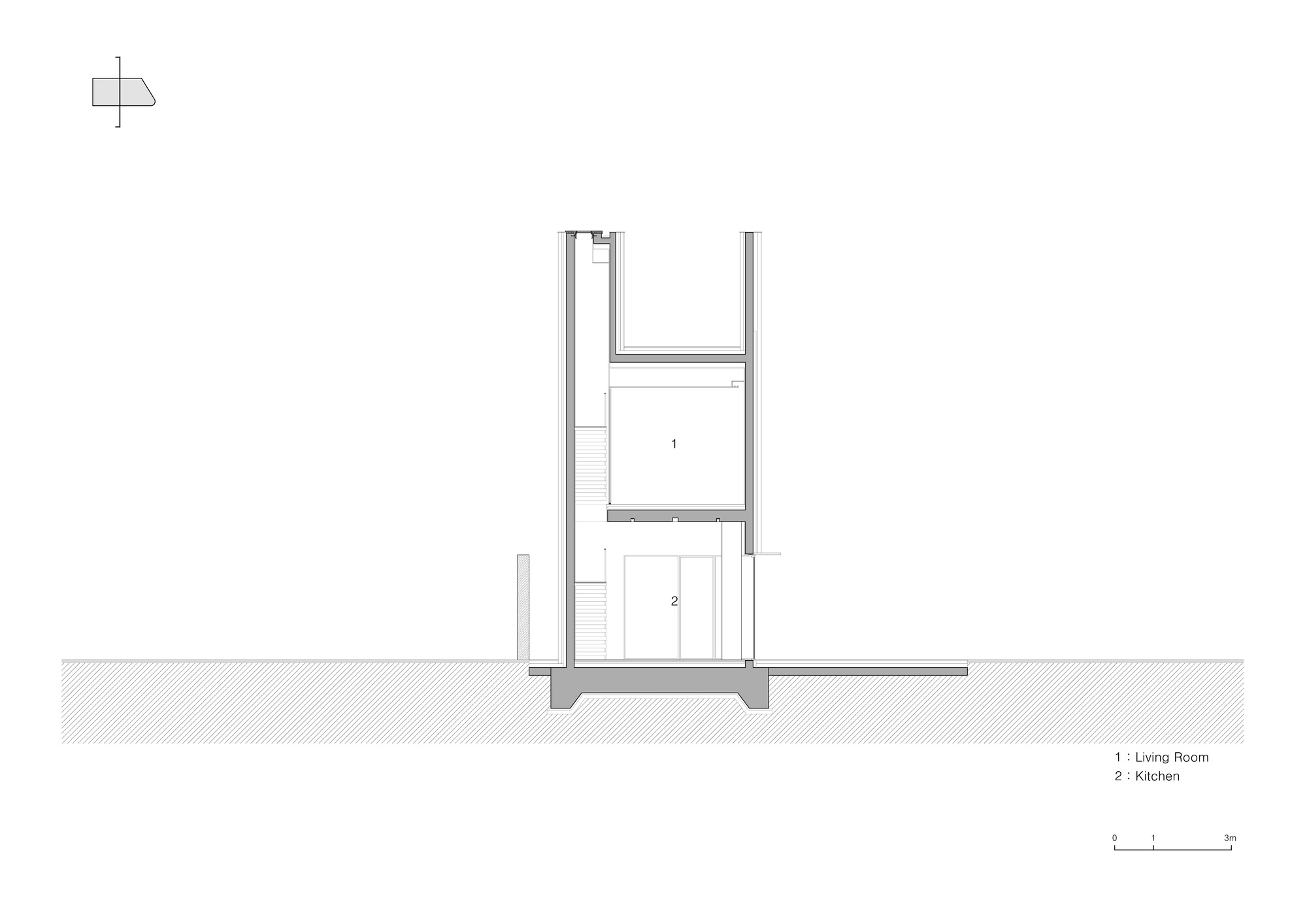 Section drawing showing a narrow two-story structure with living room and kitchen spaces
