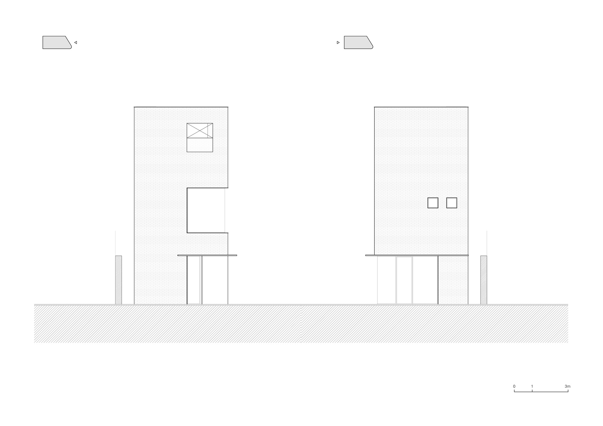 Elevation drawing of two adjacent volumes on pilotis with recessed and punched openings