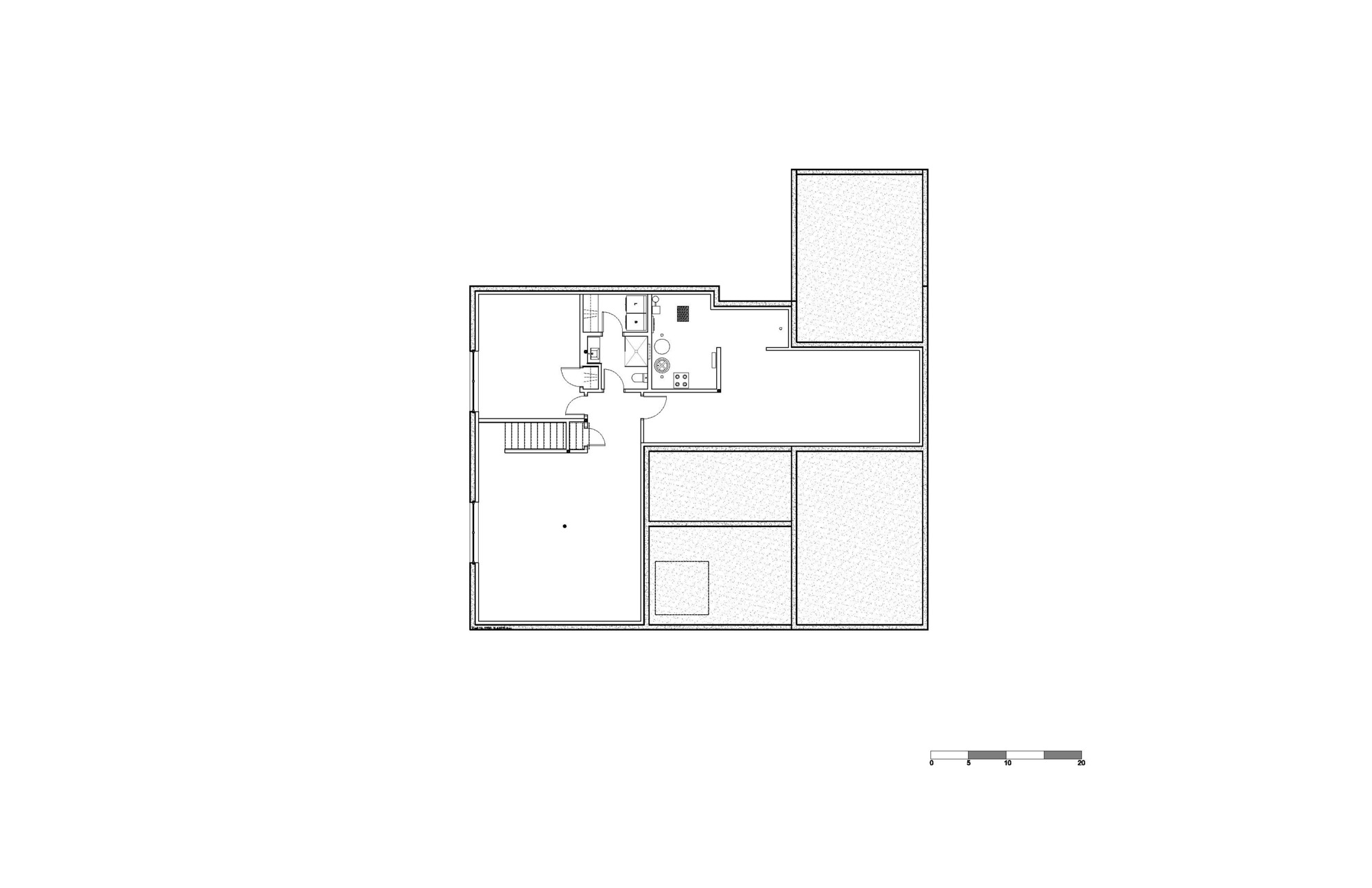 Floor plan drawing showing the upper level with bathroom cluster and open rooms