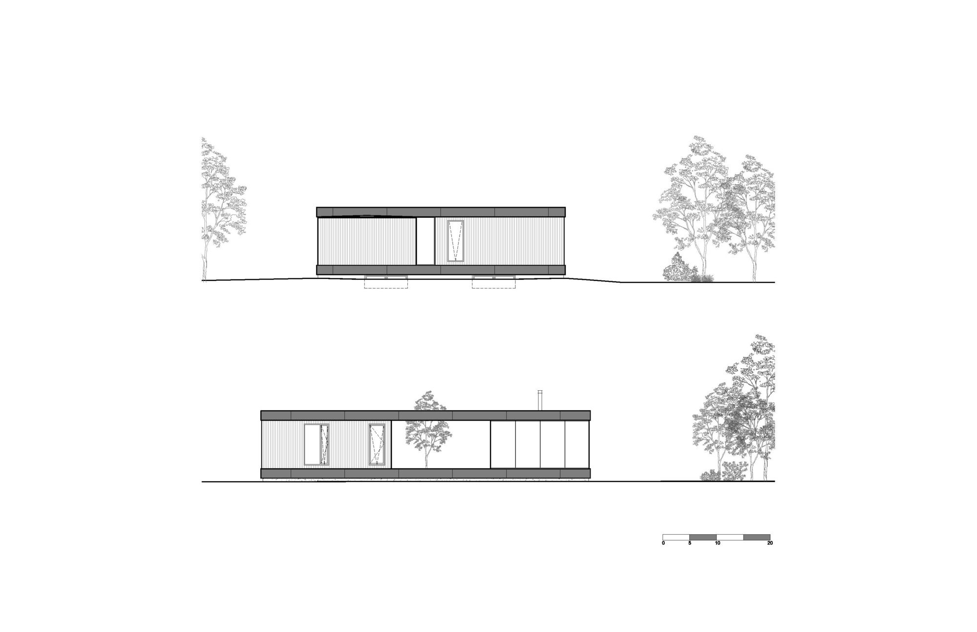 Elevation drawings showing the flat-roofed single-story structure with glazing and trees