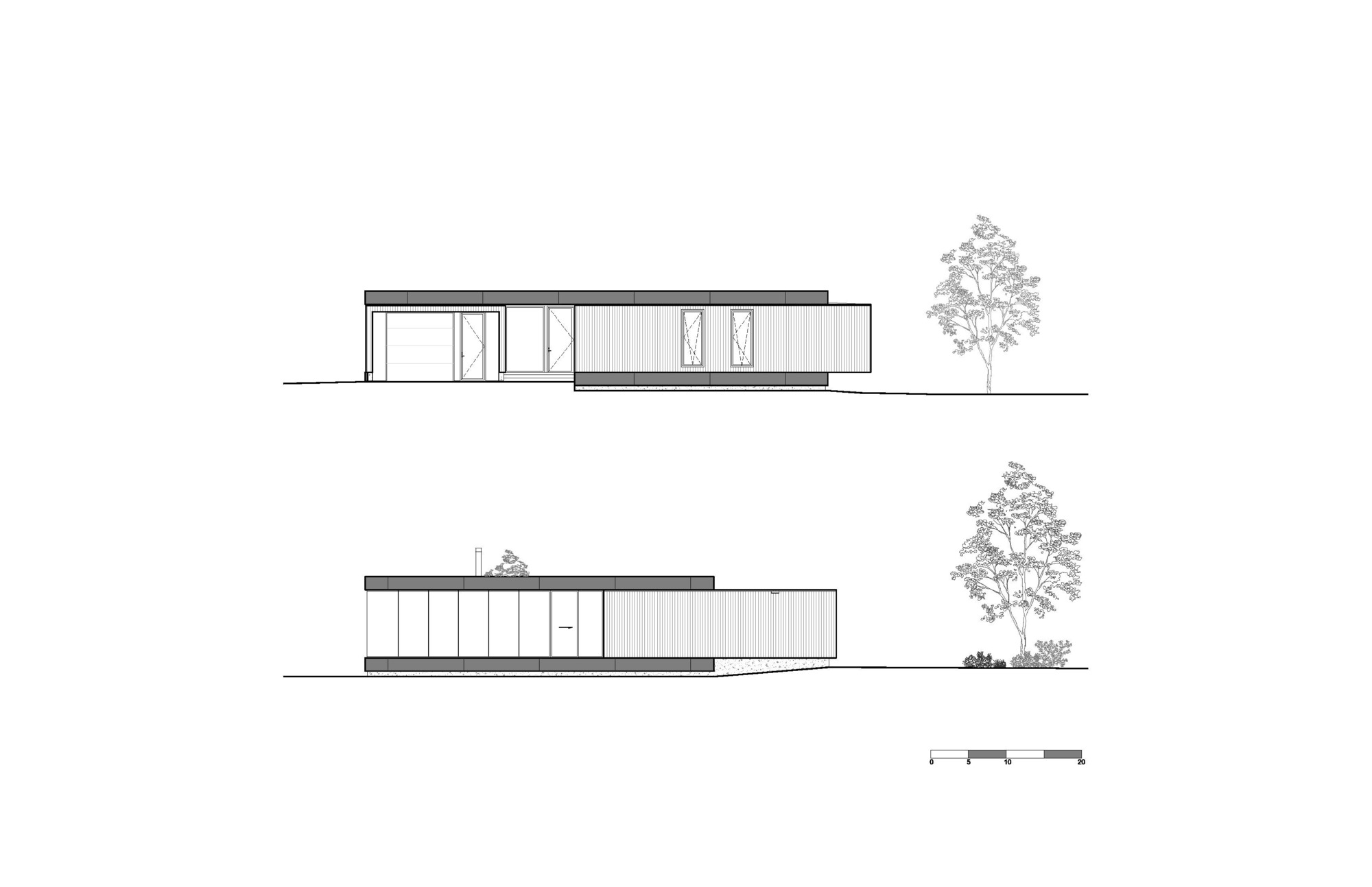Elevation drawings showing opposite facades with horizontal slat screens and planted trees
