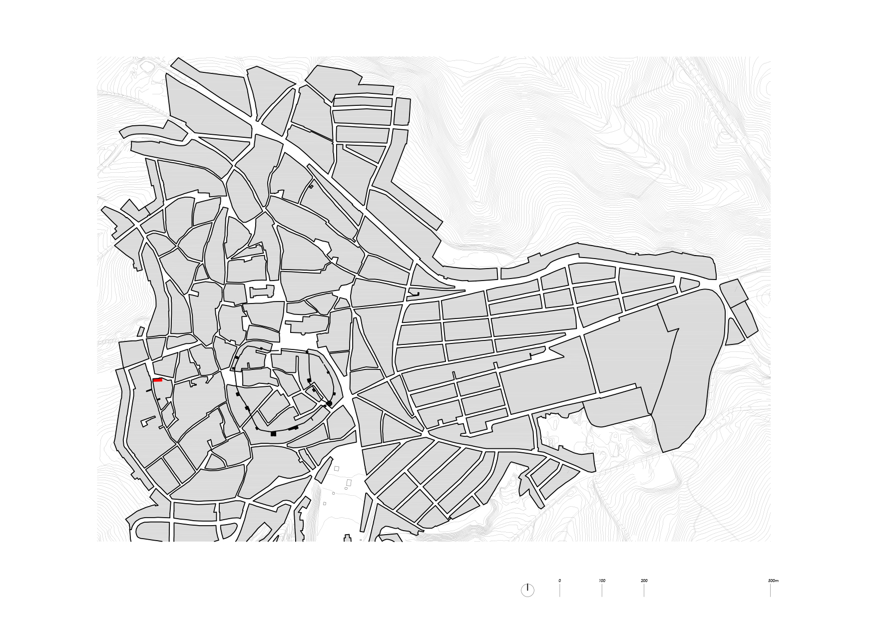 Urban plan drawing showing the street network and building footprints with topographic contour lines