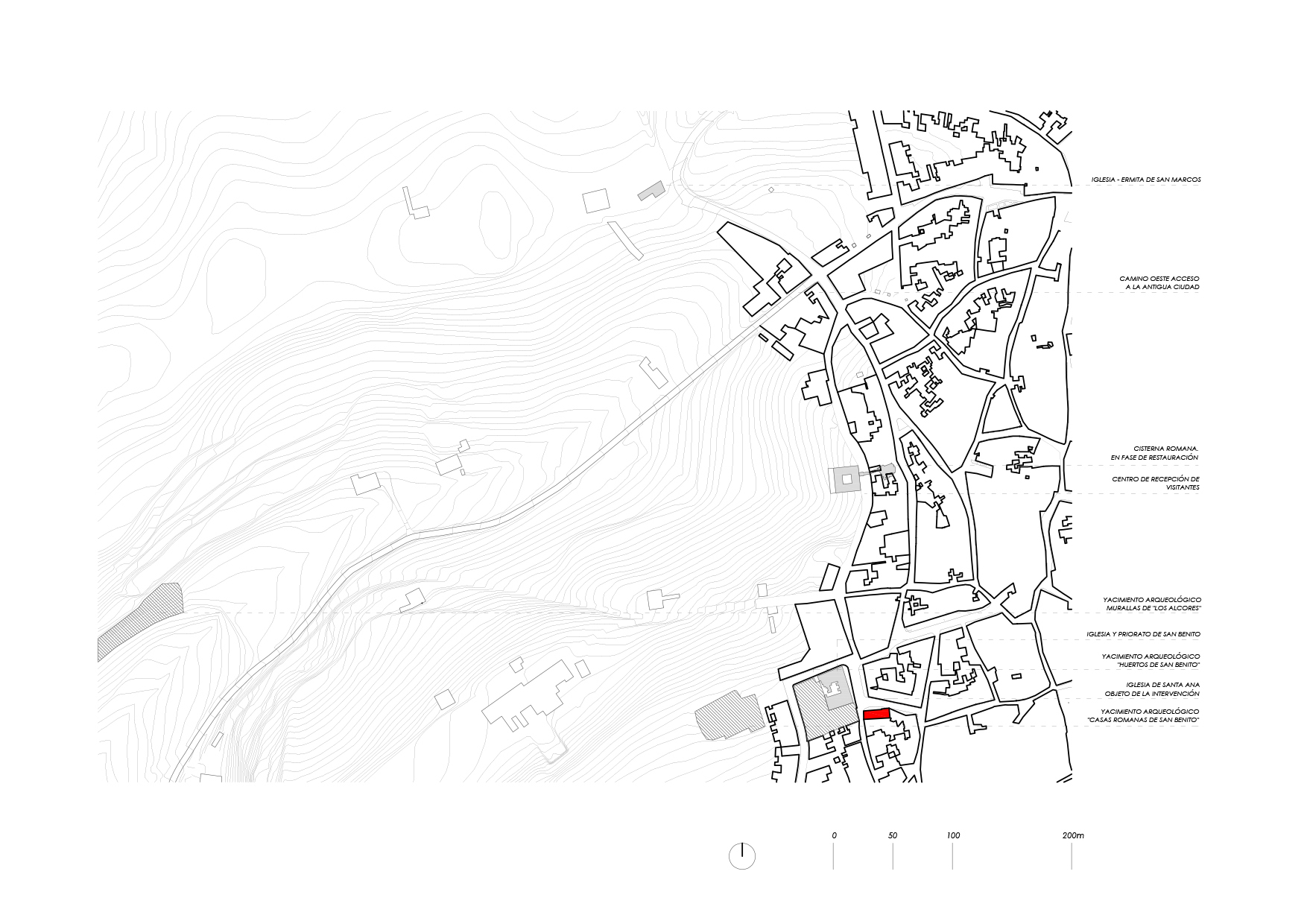 Site plan drawing showing a highlighted building within the surrounding street grid and topography