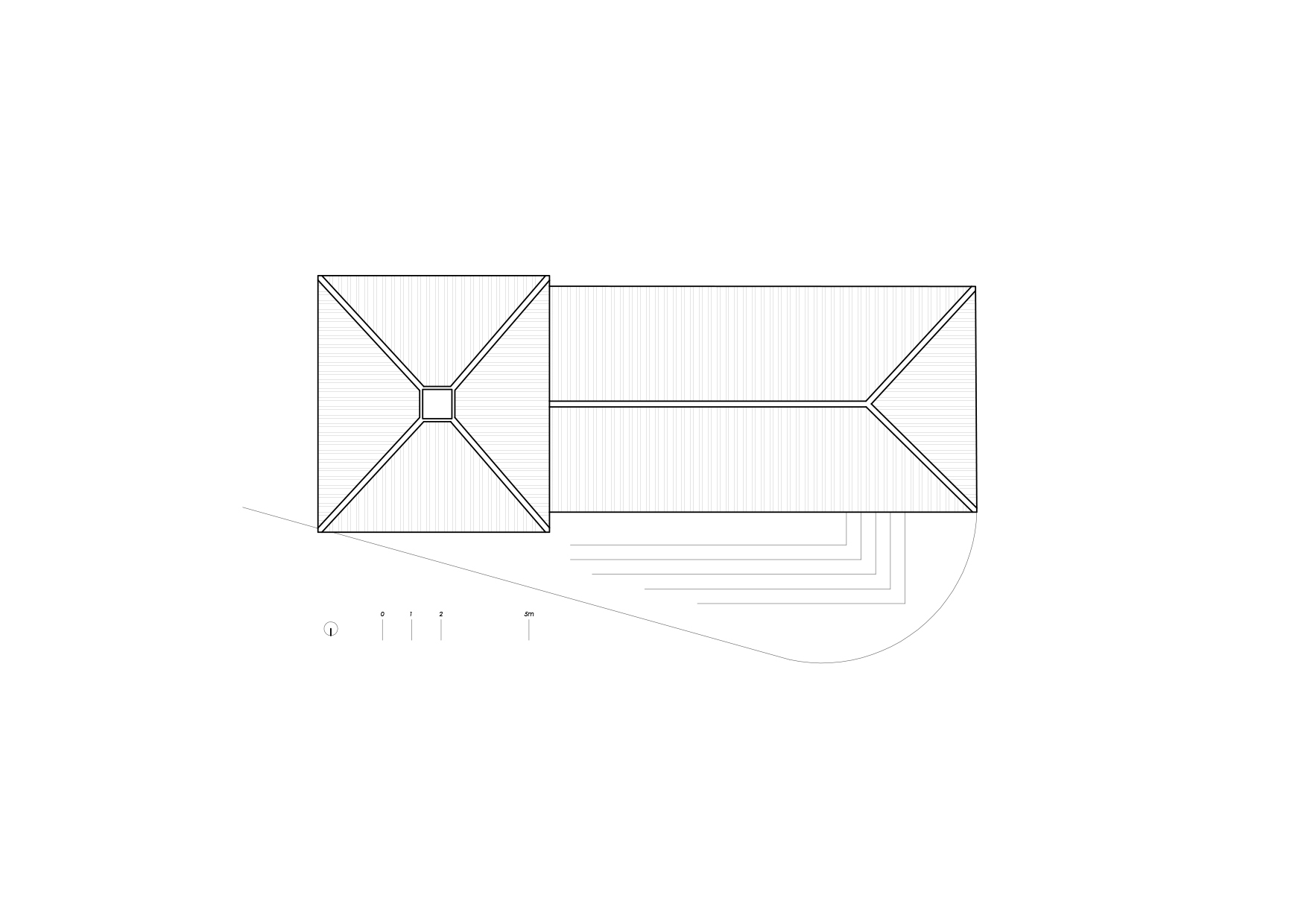 Roof plan drawing showing two volumes with pyramidal and gabled roofs connected by stepped terracing