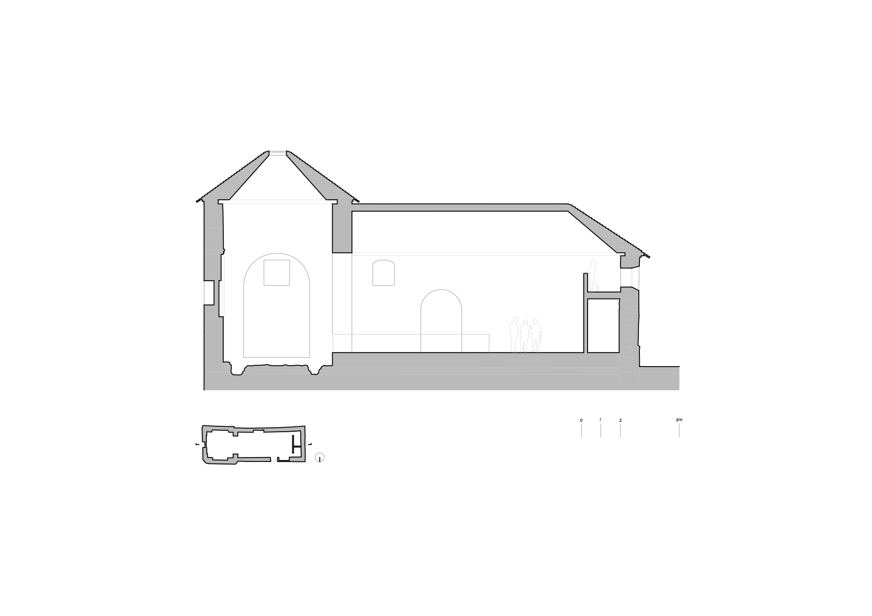 Section drawing revealing the interior spatial relationships between the pitched roof volumes and arched openings