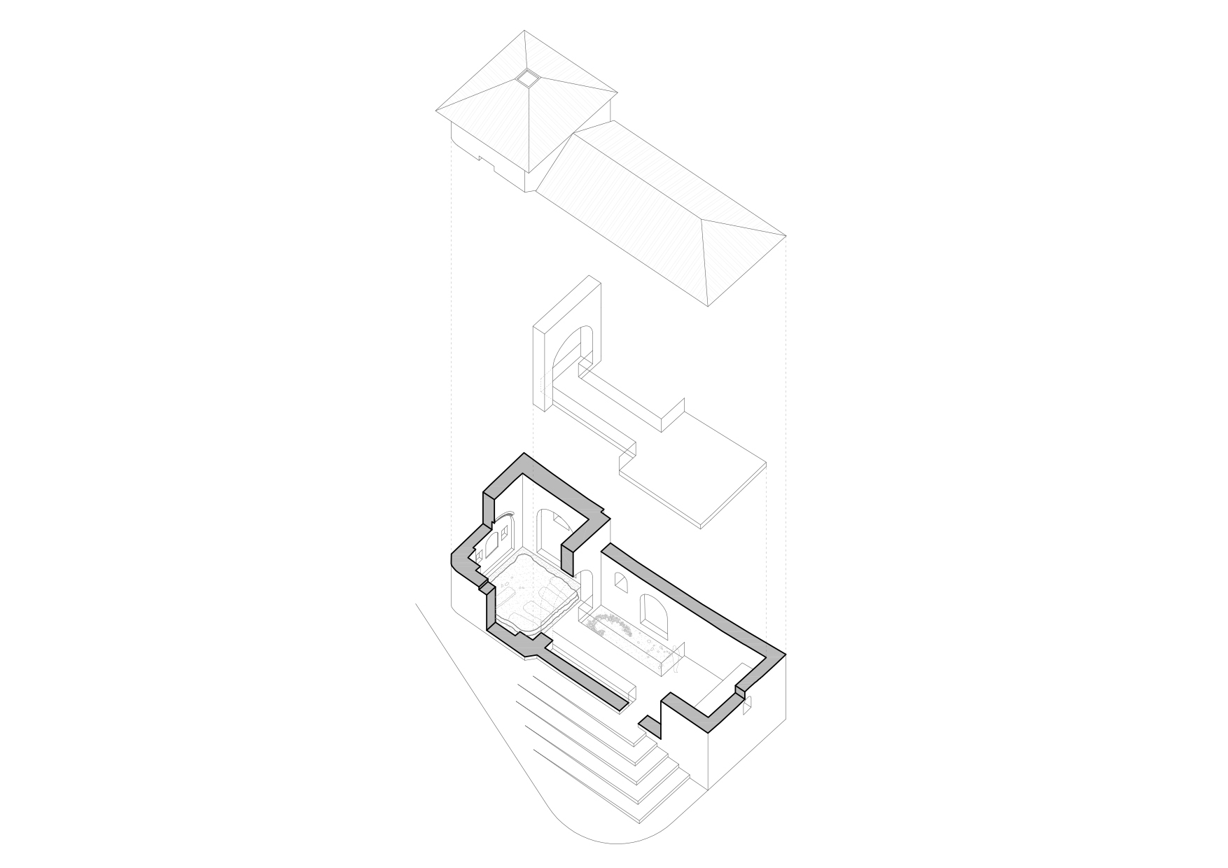 Axonometric drawing illustrating the layered roof forms above the interior layout with stepped exterior approach
