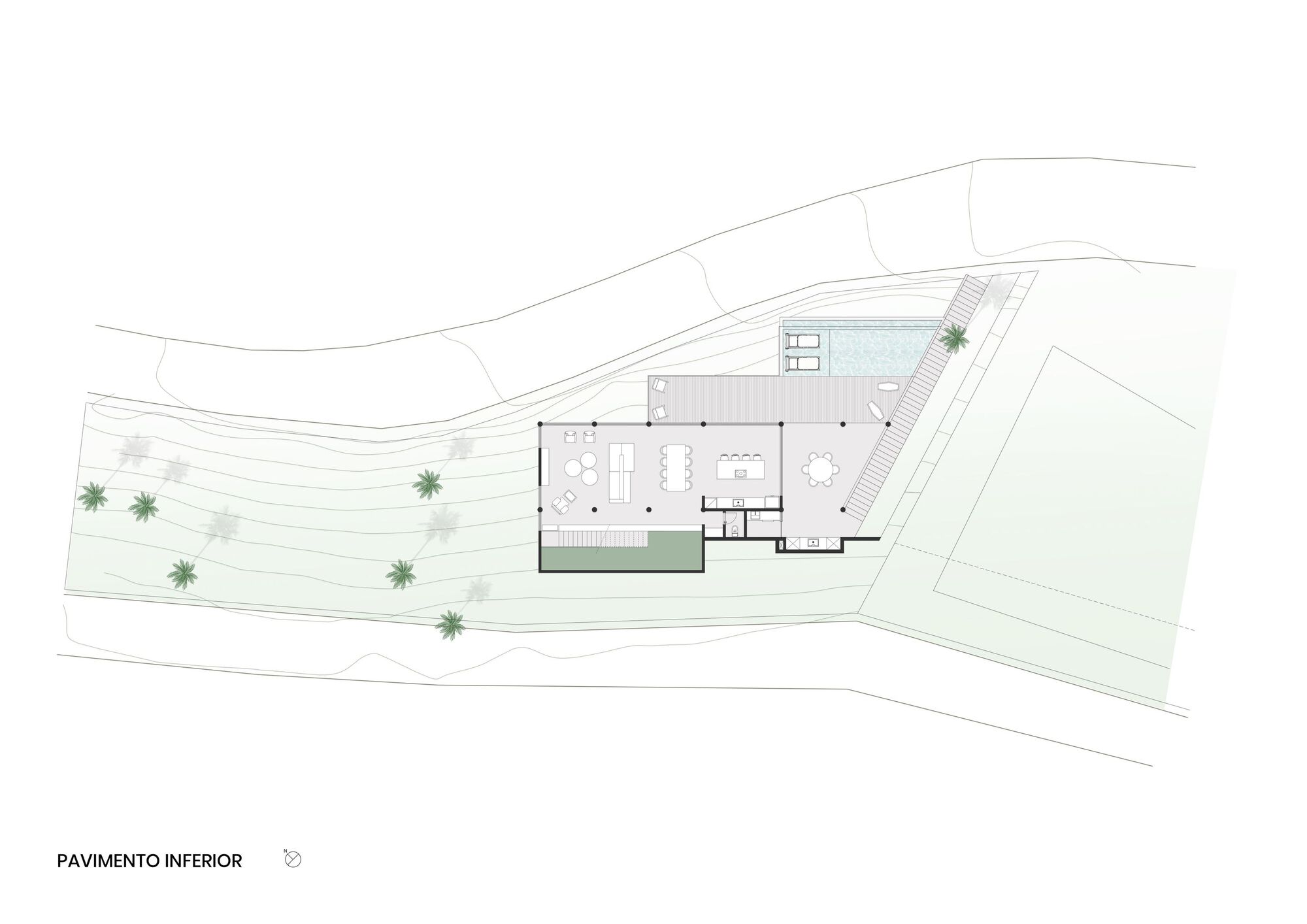 Lower floor plan drawing showing open living spaces and pool terrace on a sloped coastal site