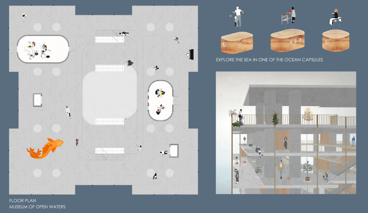 Museum of Open Waters floor plan exploring immersive marine education within a repurposed offshore oil rig.