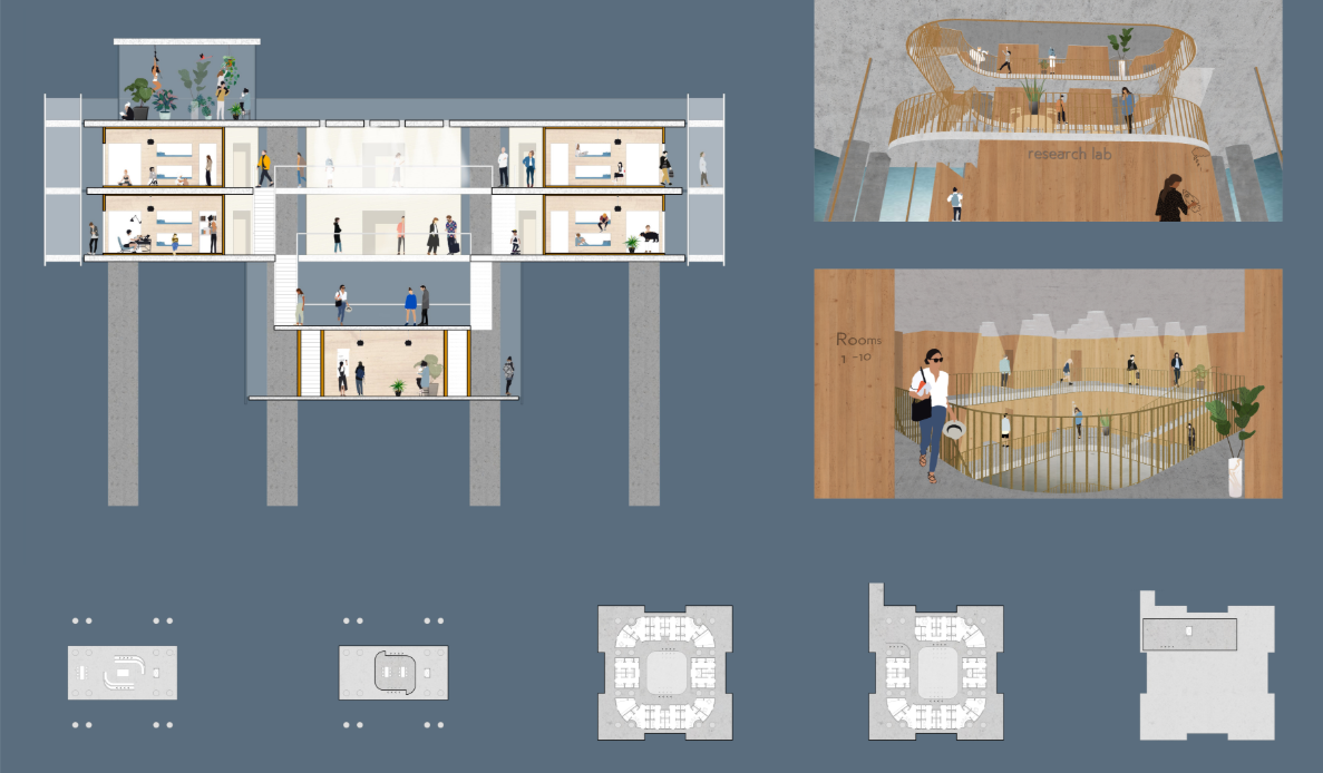 Adaptive reuse section showing layered living spaces, research hubs, and communal interaction areas.