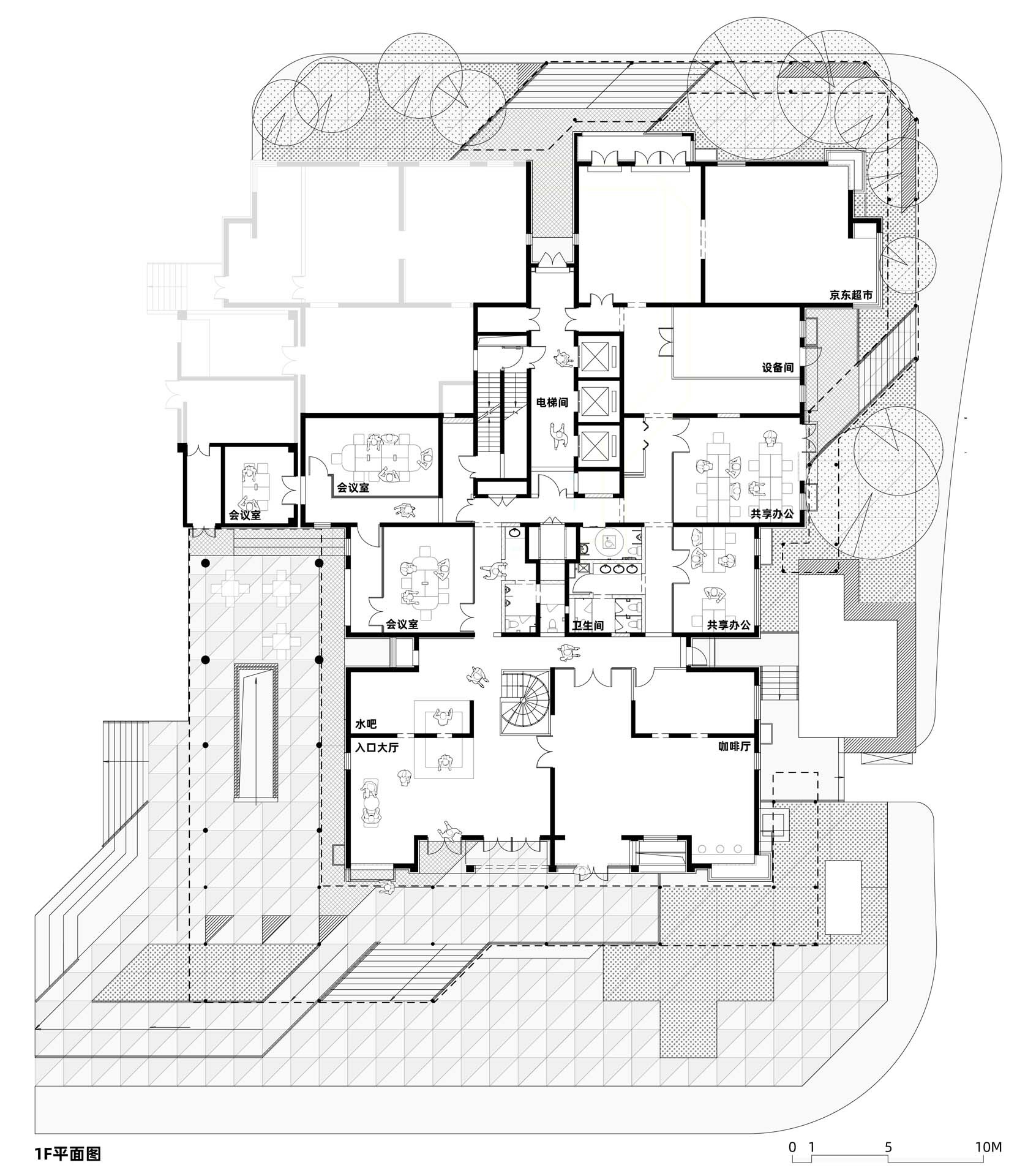First floor plan showing residential units distributed around a central circulation core with landscaped perimeter