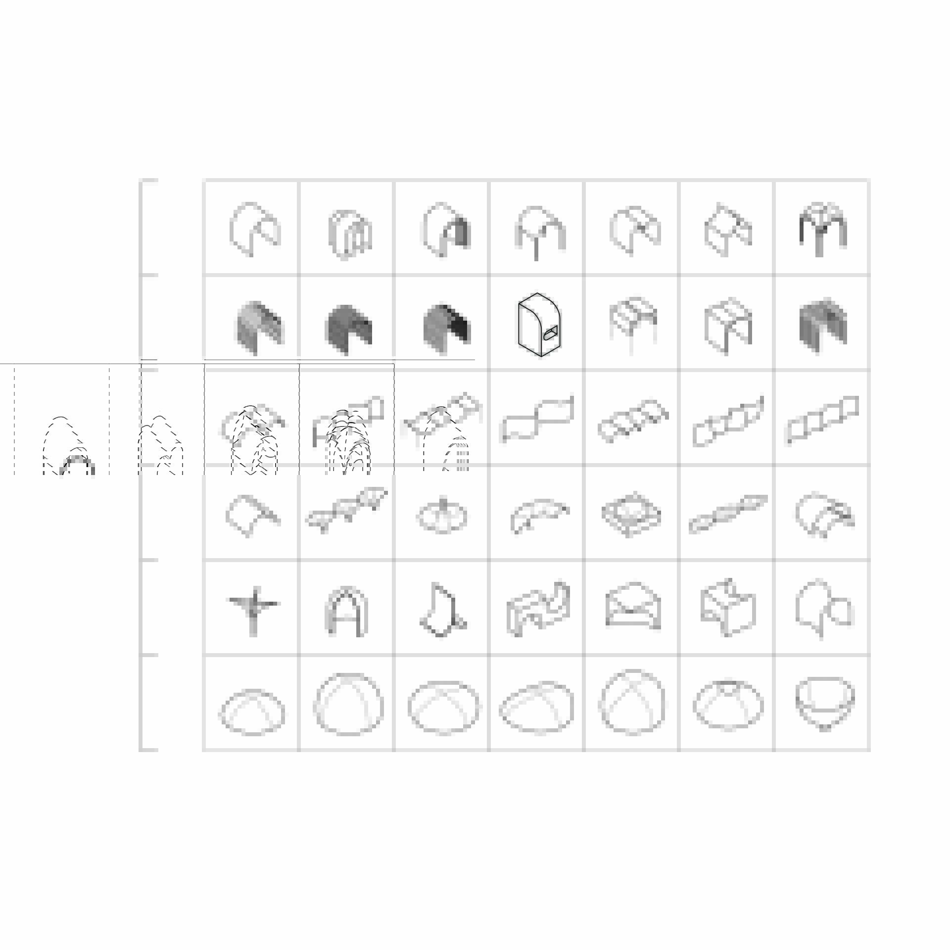 Isometric drawing grid showing various roof and vault form variations in line work