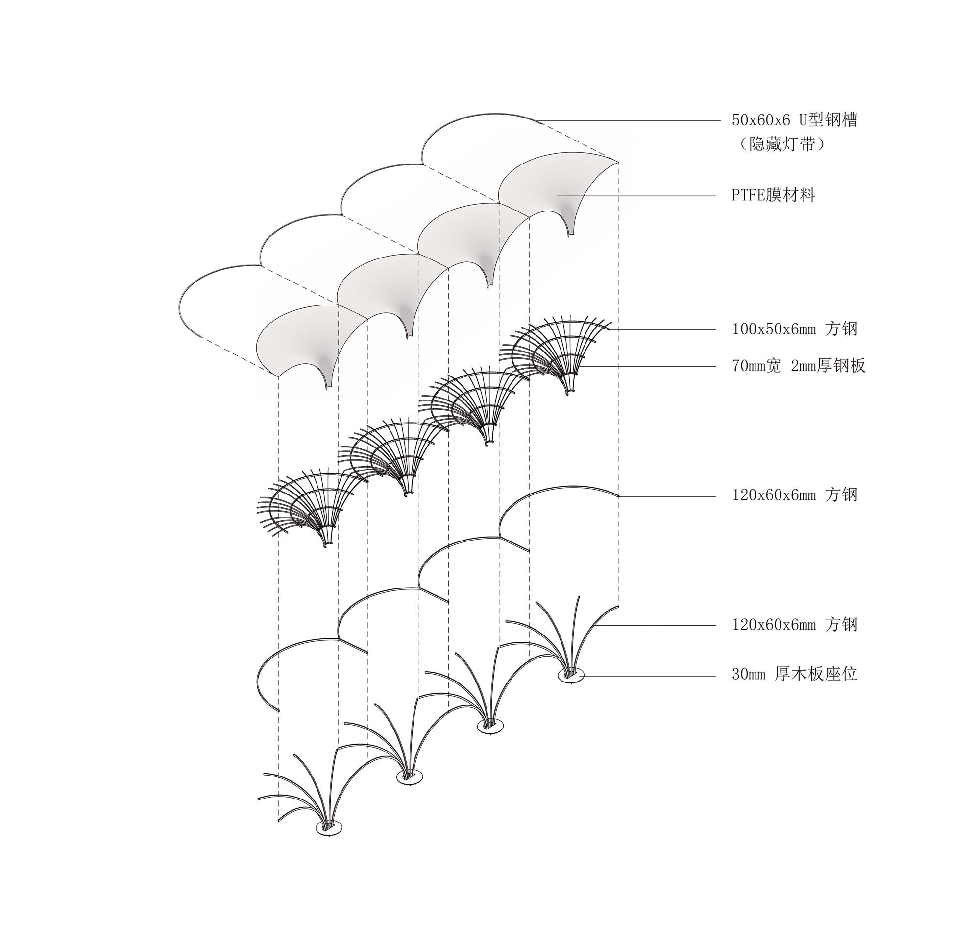 Axonometric detail drawing of undulating canopy supported by steel columns with plant bases