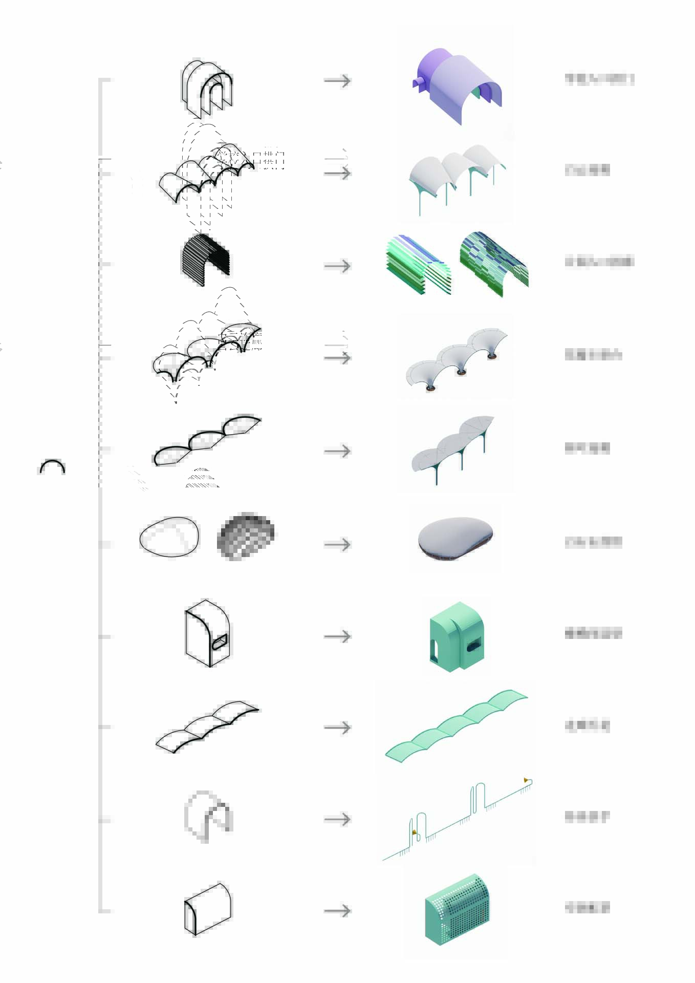 Diagram showing the progression from line drawings to rendered isometric views of various architectural elements and canopies