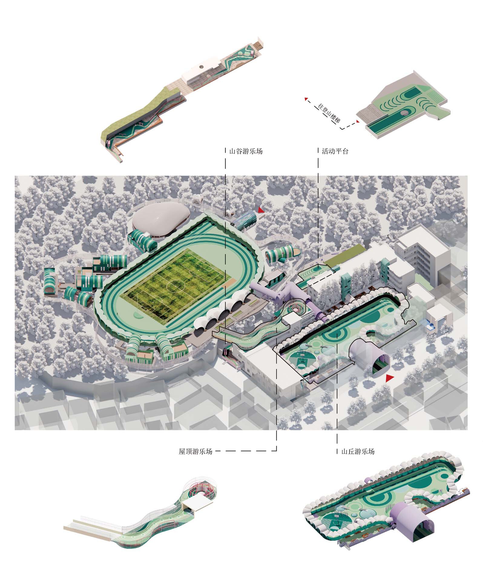 Axonometric diagram with labeled sections showing the circulation and spatial organization of the stadium and pool complexes