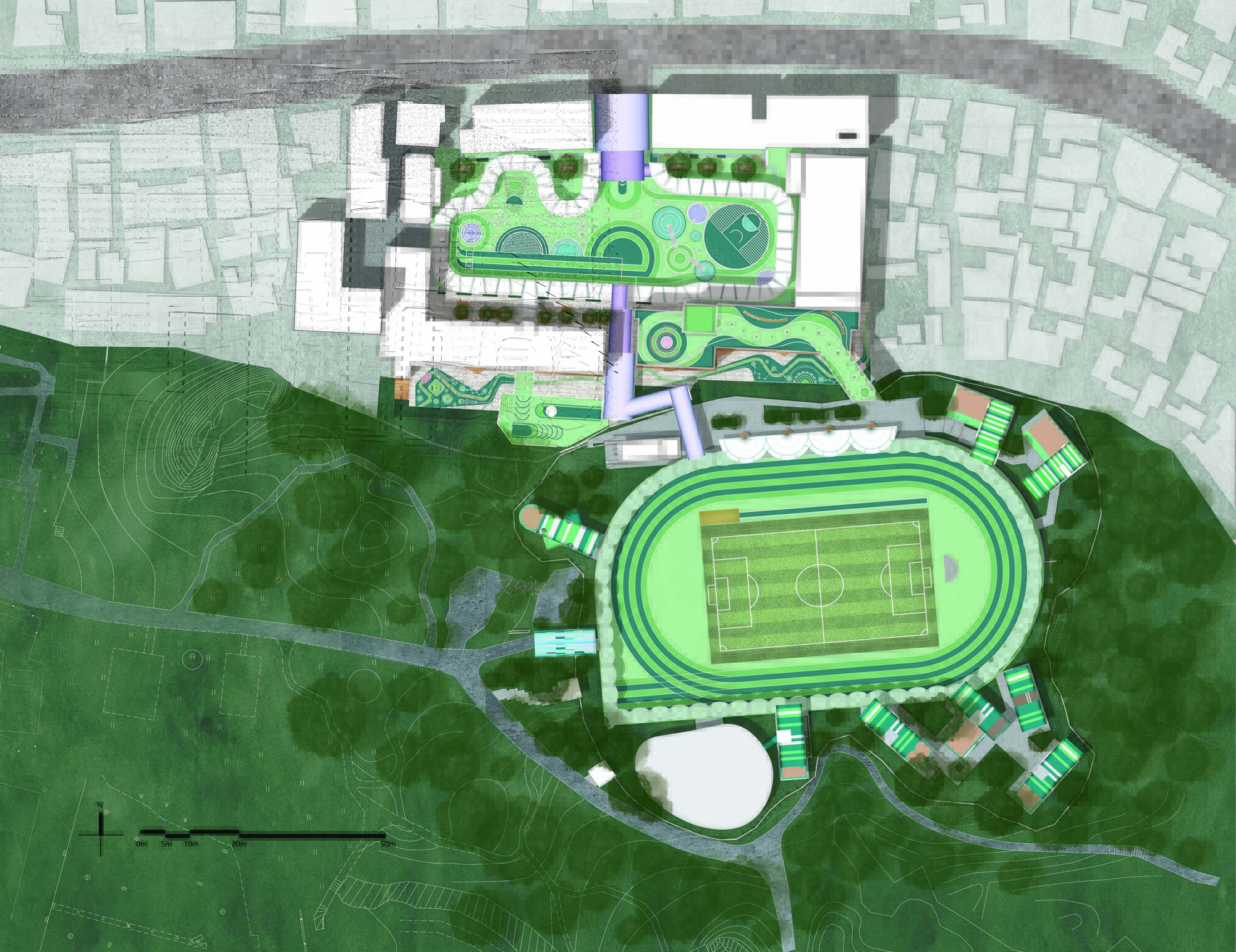 Site plan rendering showing building complex with courtyard gardens, sports field, and surrounding green landscape