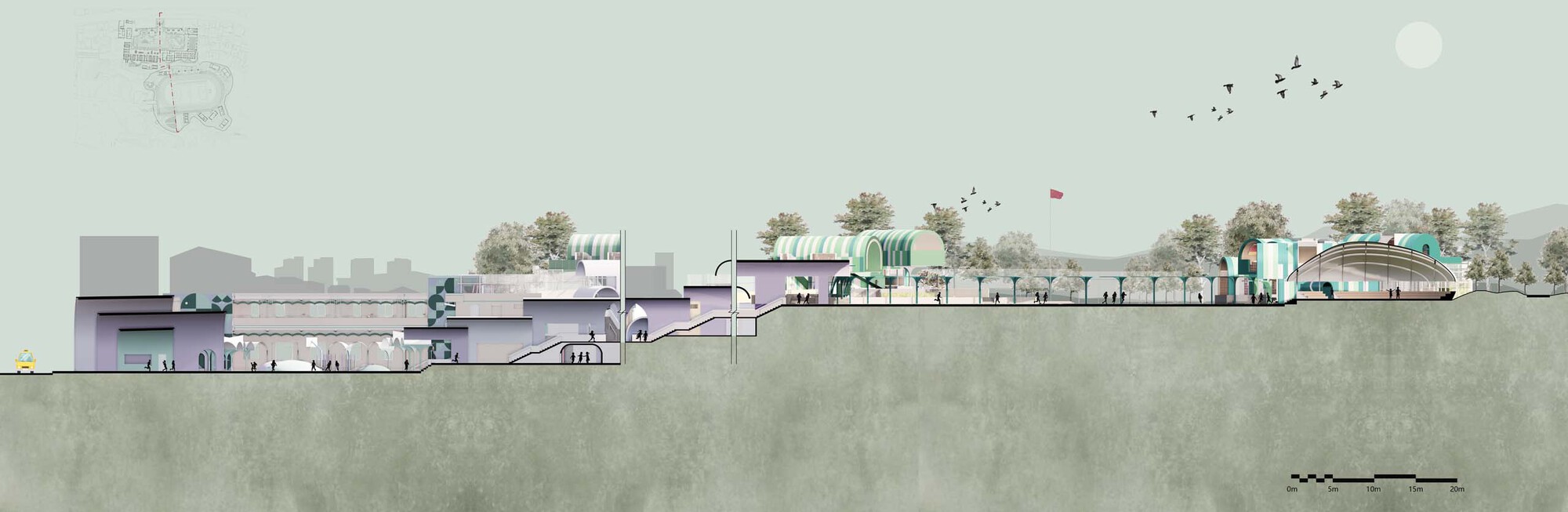 Section drawing with turquoise roof forms stepping down a hillside beneath flying birds and trees