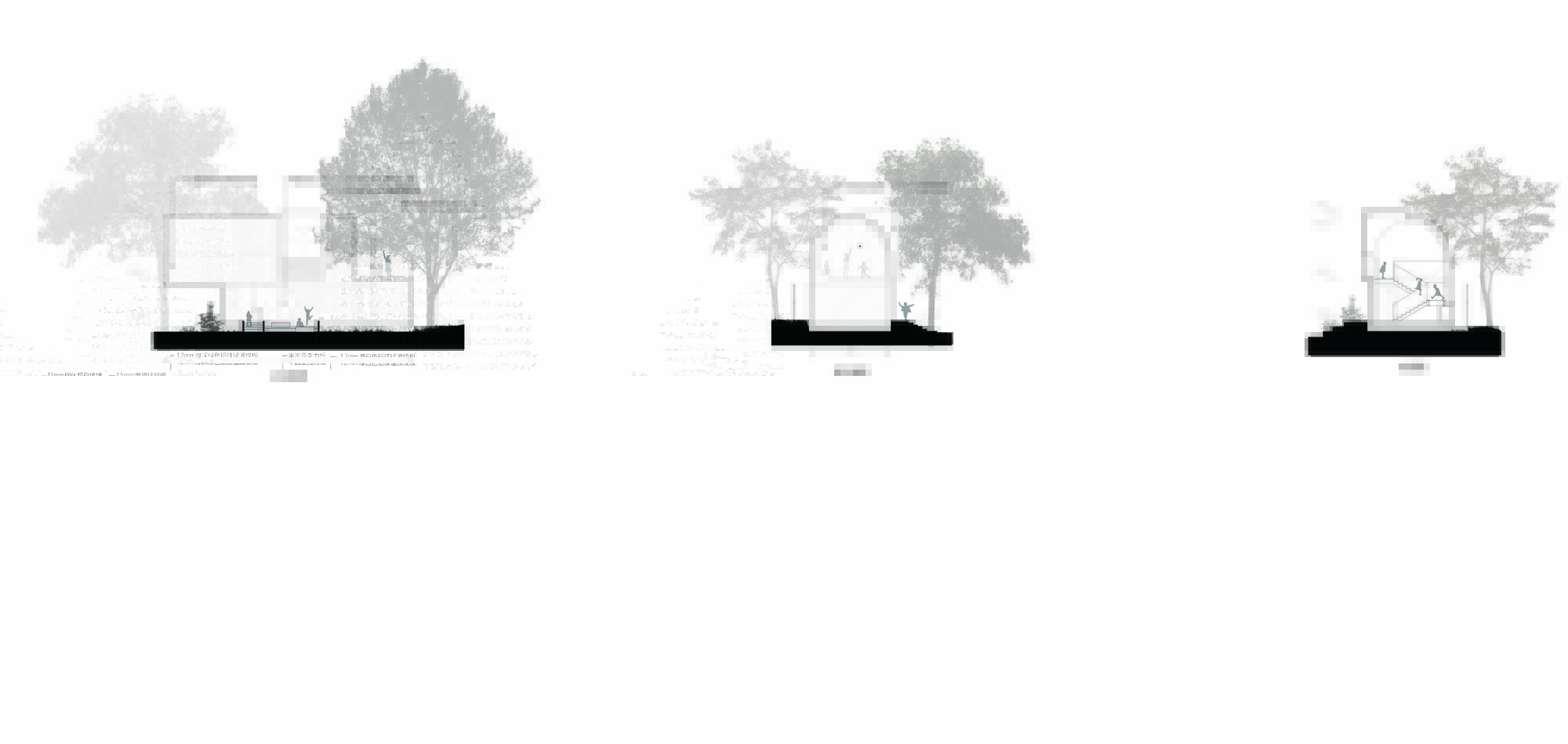 Three section drawings showing different arch configurations with trees and human figures at grade level
