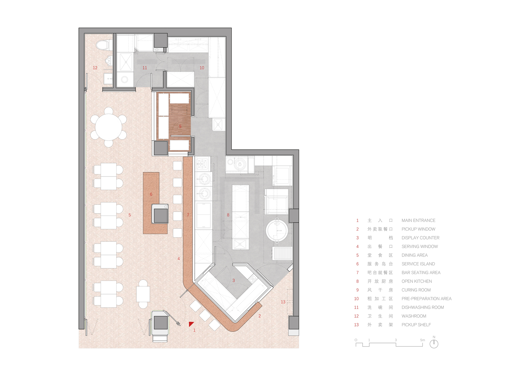 Floor plan drawing showing dining area, service core, and angled glazed corner with annotated room labels