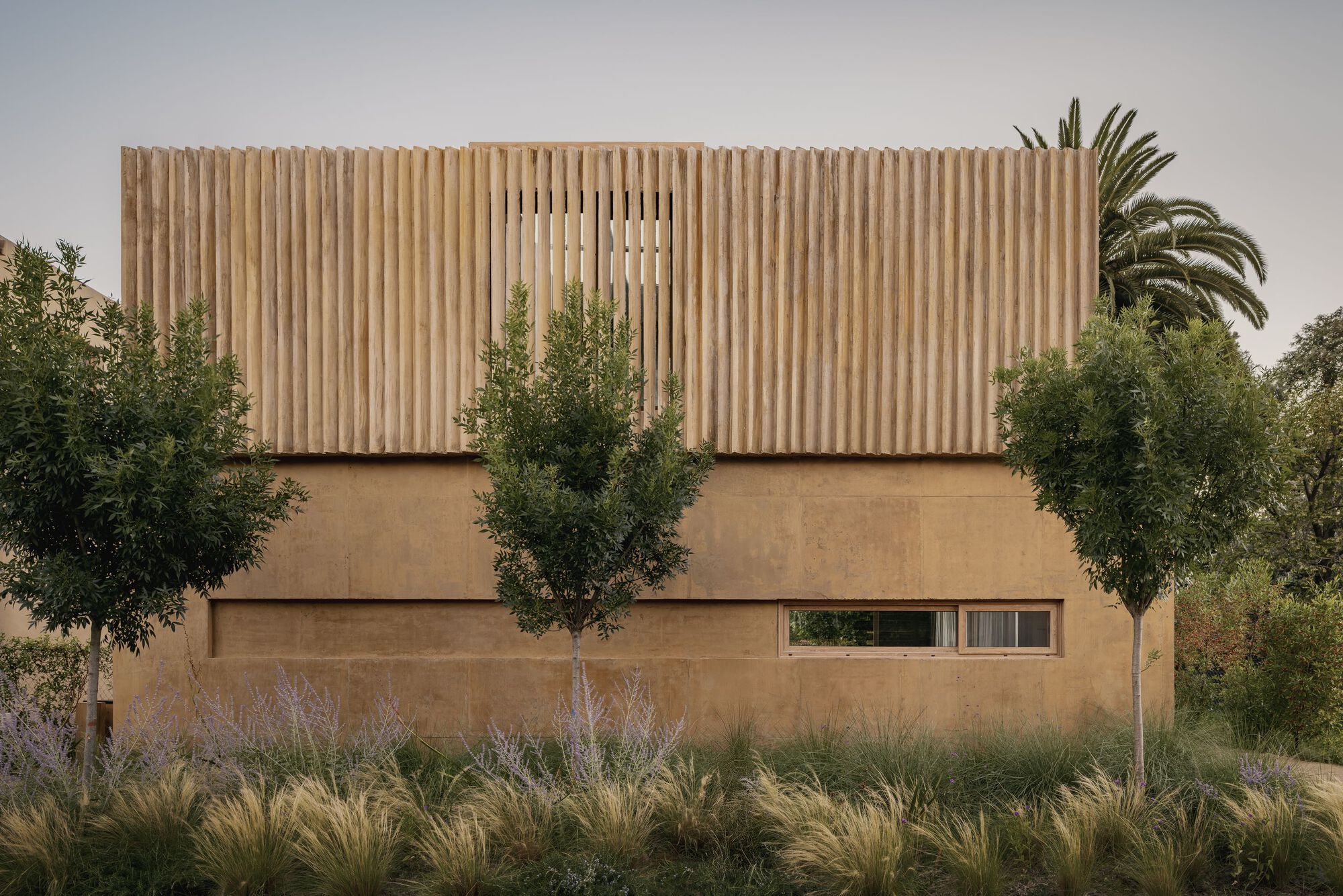 Timber-clad upper volume above an earthen base with narrow horizontal windows and ornamental grasses