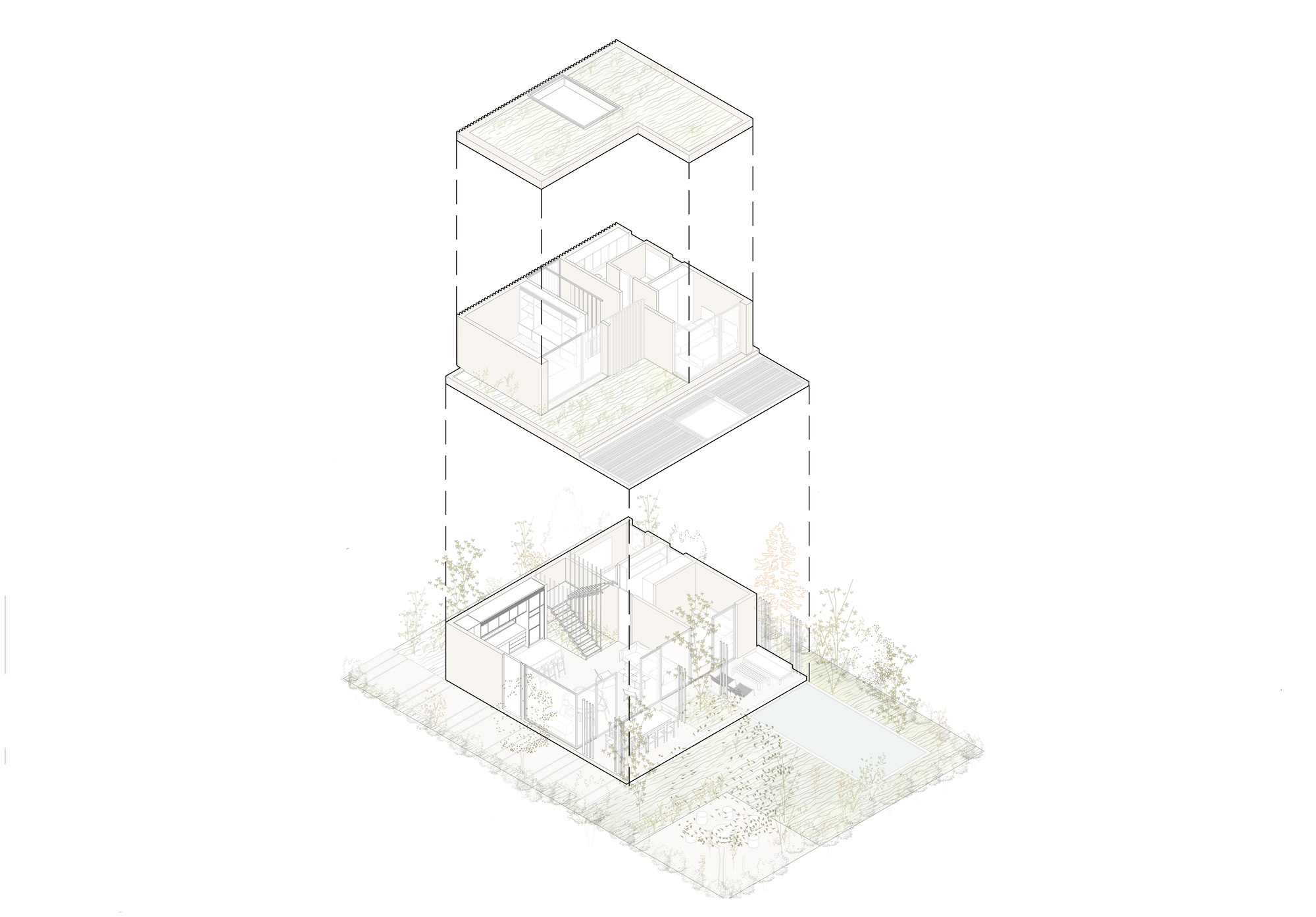Exploded axonometric drawing revealing stacked floor plates with interior spaces and planted surrounds