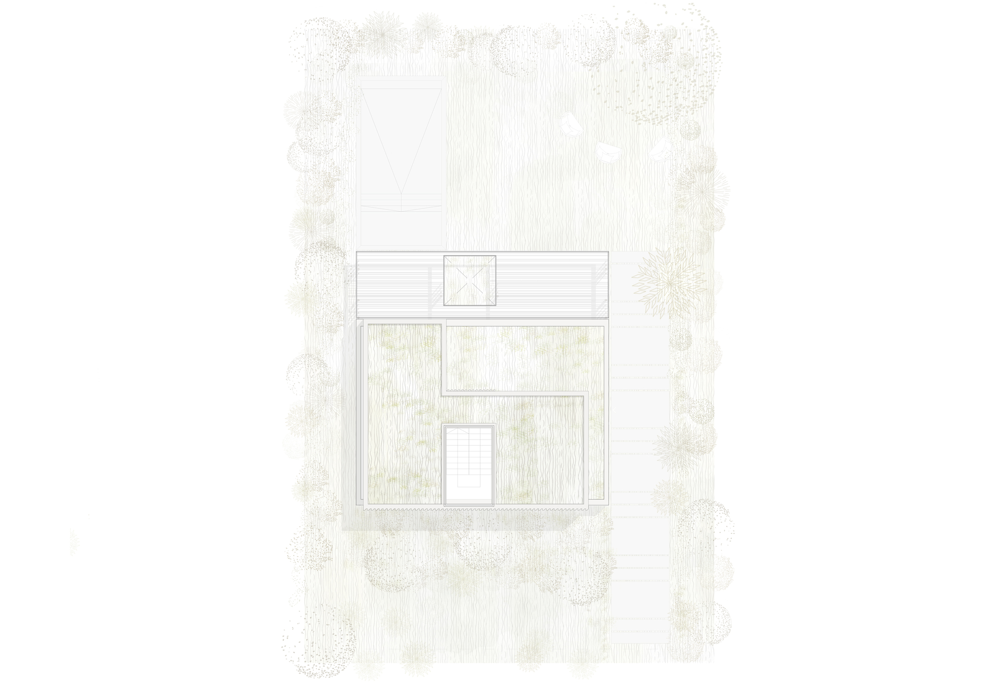 Site plan drawing showing building footprint with central courtyard surrounded by trees