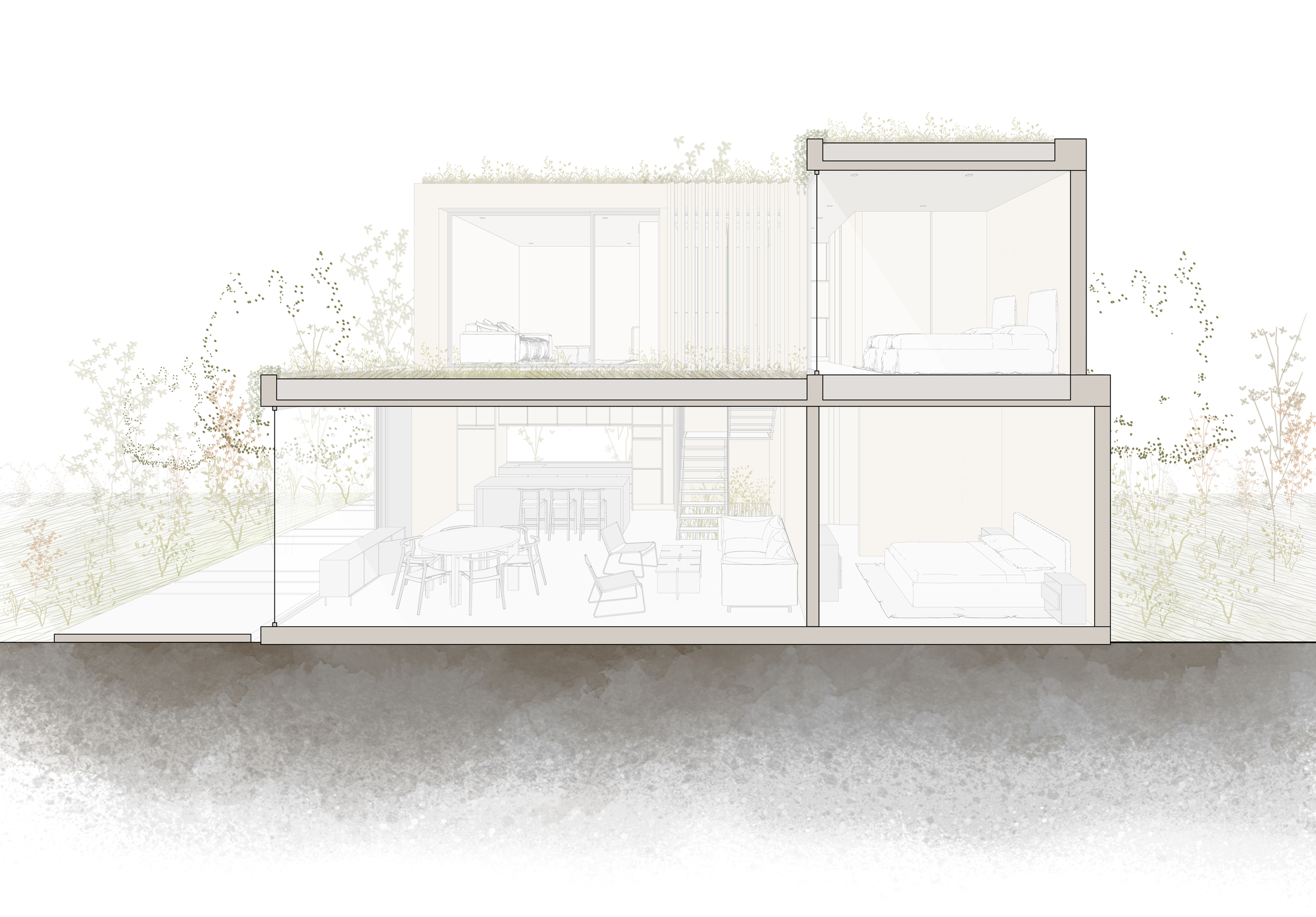 Section drawing revealing a two-story volume with interior dining and bedroom spaces