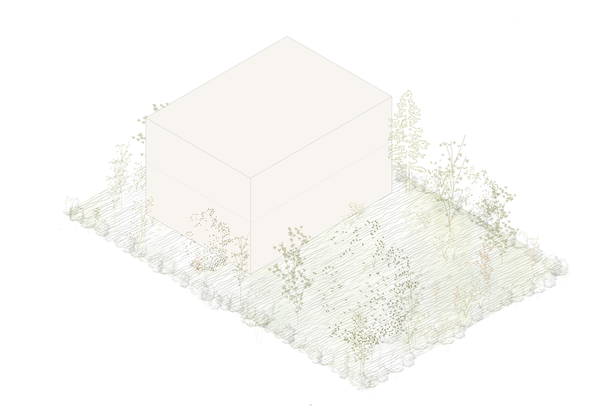 Axonometric view of the massing set within the landscaped site and tree canopy