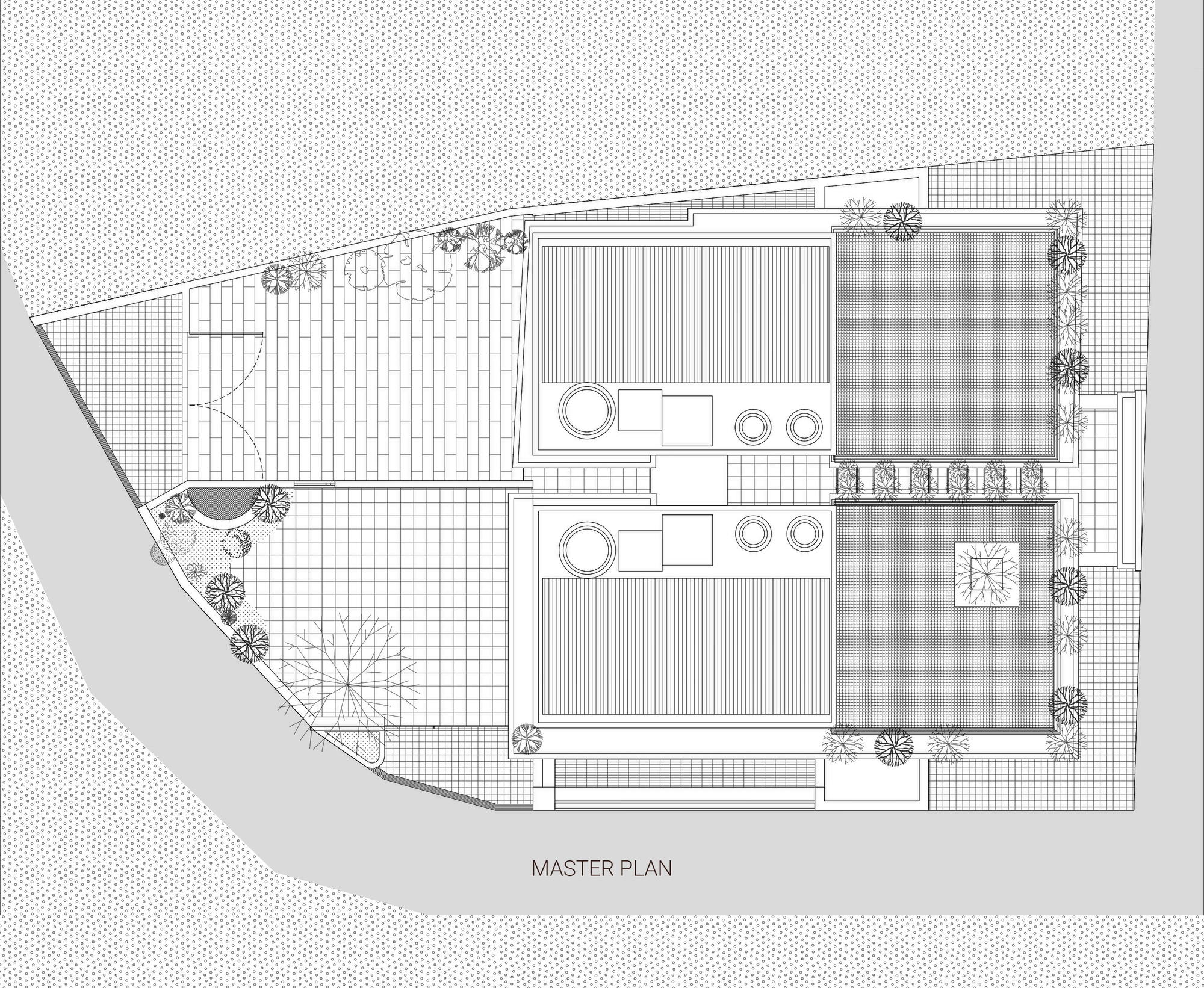 Master plan drawing showing two stacked residential units with terraces and surrounding landscape planting