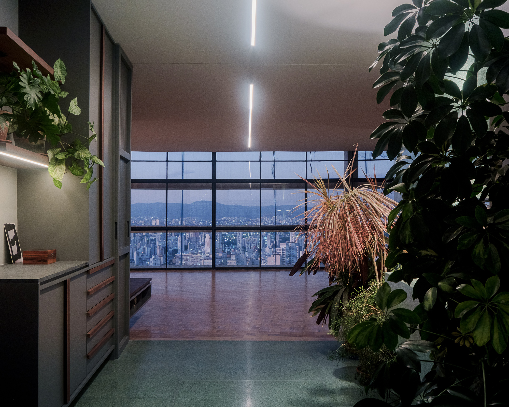 Interior threshold with hanging plants framing the floor-to-ceiling windows overlooking the cityscape at twilight