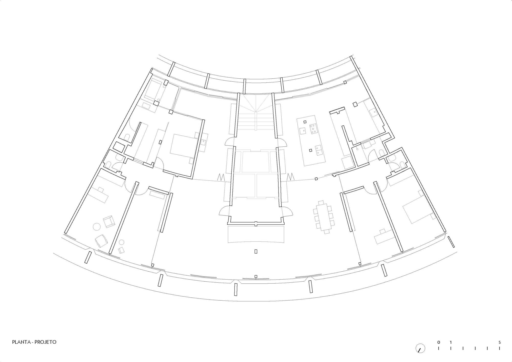 Floor plan showing reconfigured residential units with open living areas and central elevator core