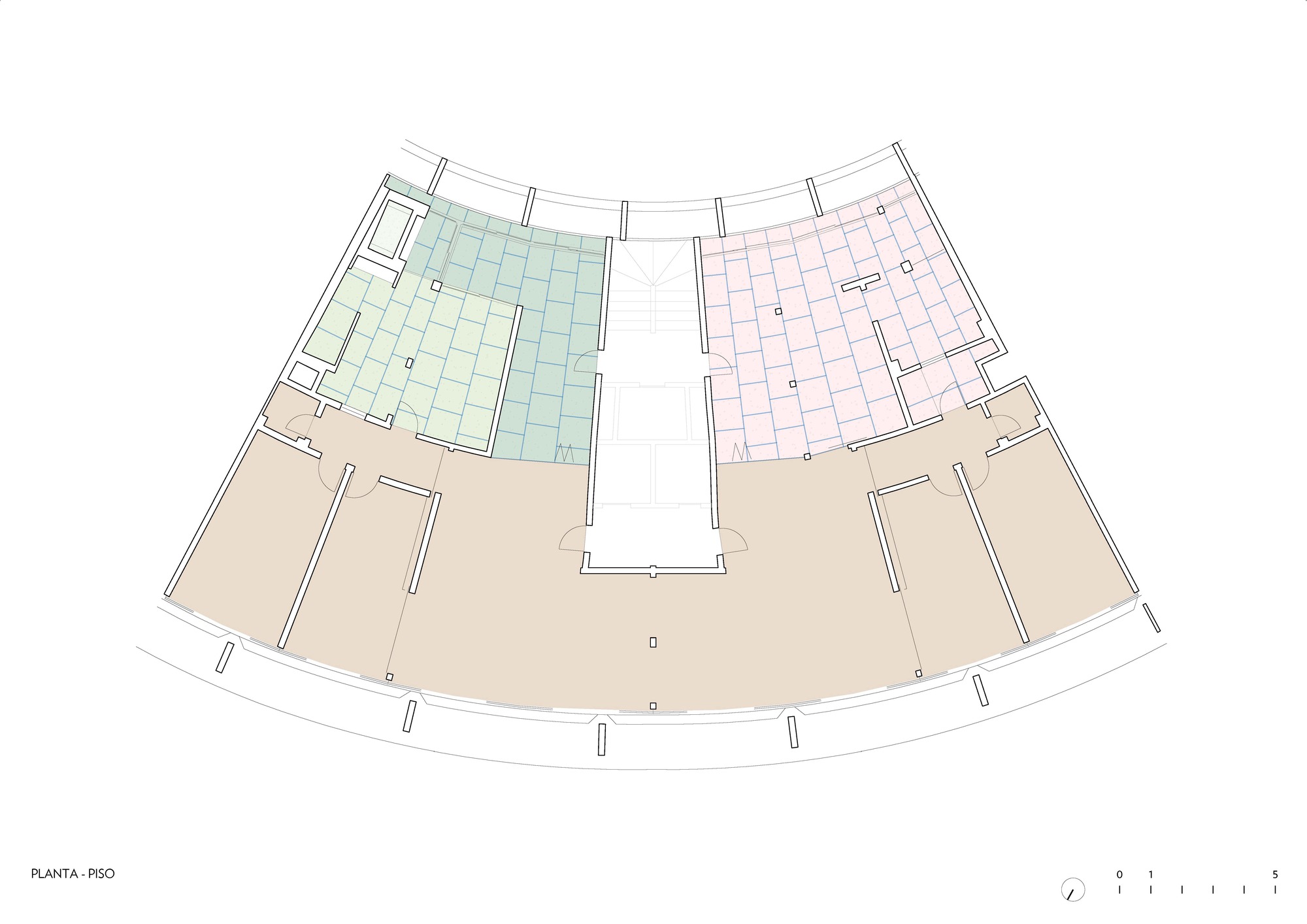 Floor finishes plan indicating material zones with color coding across the curved residential layout