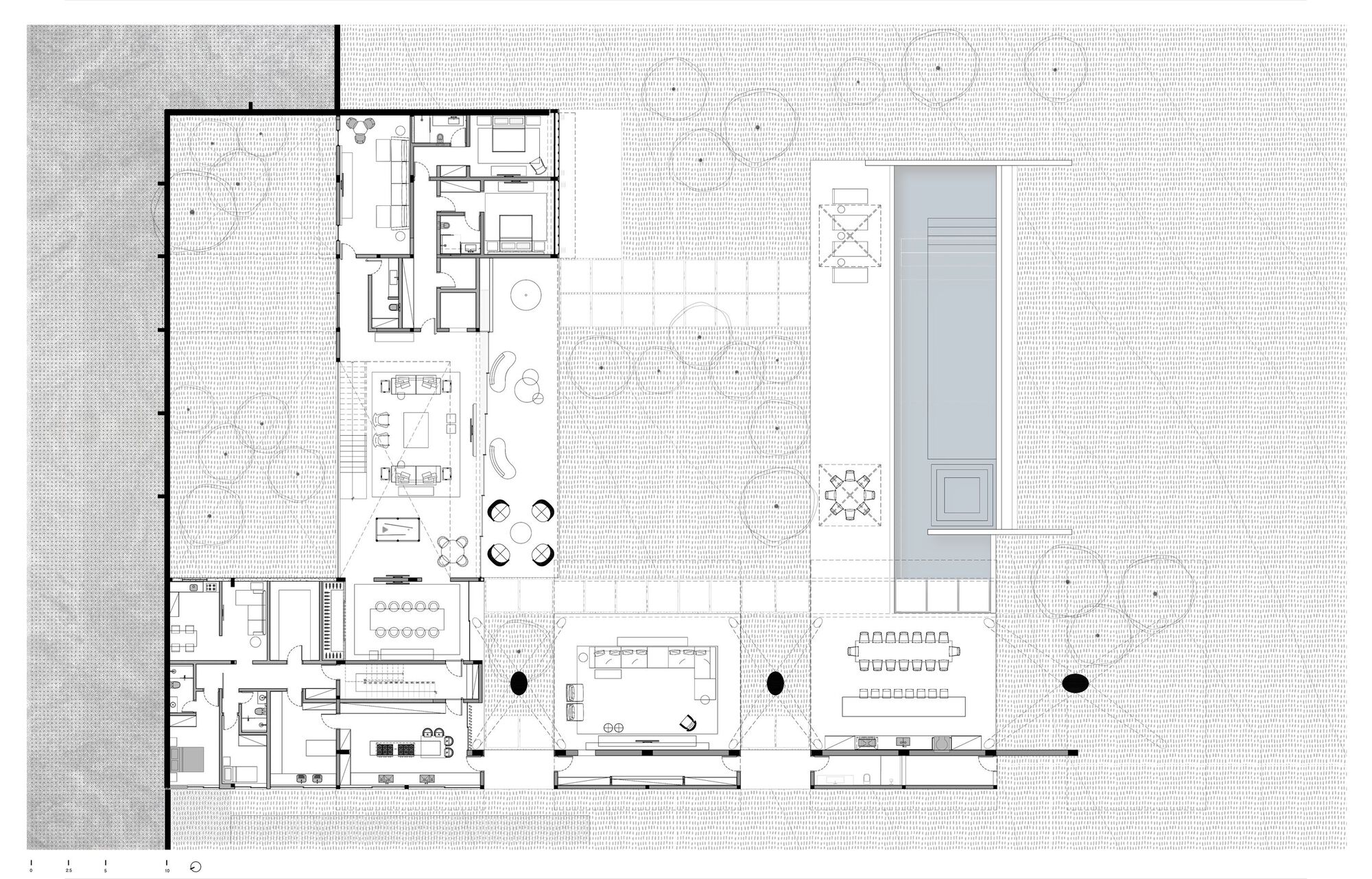 Floor plan drawing showing a linear arrangement of rooms with courtyard and pool