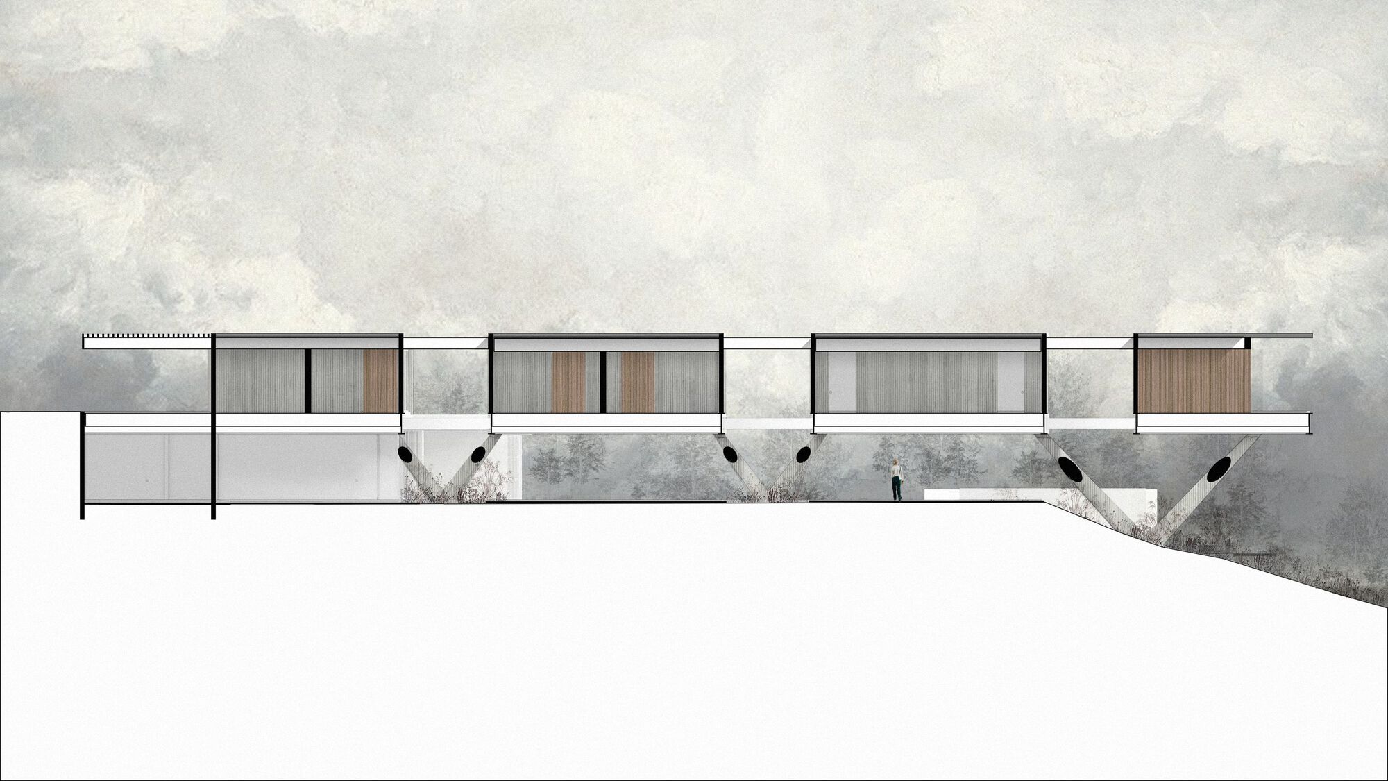 Section drawing showing the terraced volumes stepping down a hillside with trees